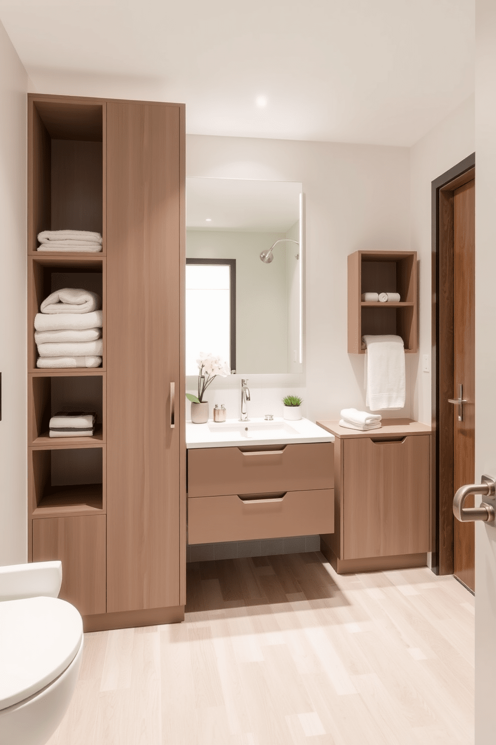 A hallway bathroom featuring creative use of space with built-ins. The design includes a sleek, custom-built storage unit that seamlessly integrates with the wall, providing ample space for toiletries and towels. The color palette consists of soft neutrals, enhancing the sense of openness. A large mirror above the vanity reflects light, making the space feel bright and inviting.