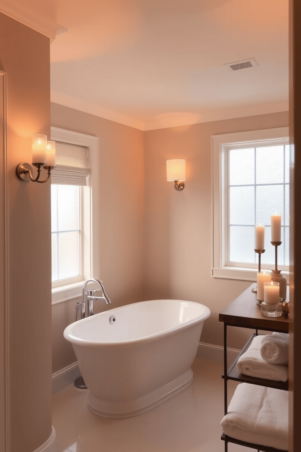 A serene hallway bathroom featuring soft ambient lighting that creates a calming atmosphere. The walls are painted in a soft beige tone, complemented by elegant sconces that cast a warm glow. The space includes a freestanding soaking tub positioned beneath a frosted window, allowing natural light to filter through gently. A stylish wooden shelf holds neatly rolled towels and decorative candles, enhancing the tranquil vibe.