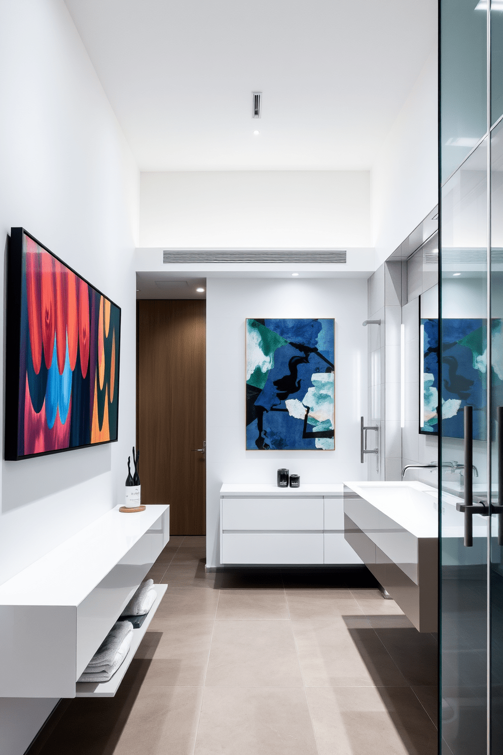 A sleek hallway featuring contemporary art pieces that add a modern flair. The walls are adorned with vibrant abstract paintings and sculptures, creating an inviting atmosphere. A stylish bathroom design with clean lines and minimalist features. The space includes a floating vanity, large frameless mirror, and a walk-in shower with glass doors, complemented by neutral tones and elegant fixtures.