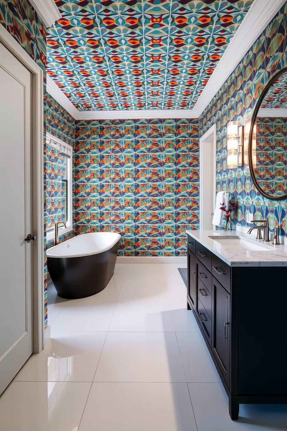 A striking hallway with bold wallpaper featuring a vibrant geometric pattern creates a stunning statement wall. The flooring is a sleek white tile that contrasts beautifully with the wallpaper, while soft lighting highlights the design. In the bathroom, a freestanding soaking tub is positioned against the bold wallpaper, offering a luxurious focal point. The vanity is adorned with a dark wood finish and a white marble countertop, complemented by brushed nickel fixtures and a large round mirror.