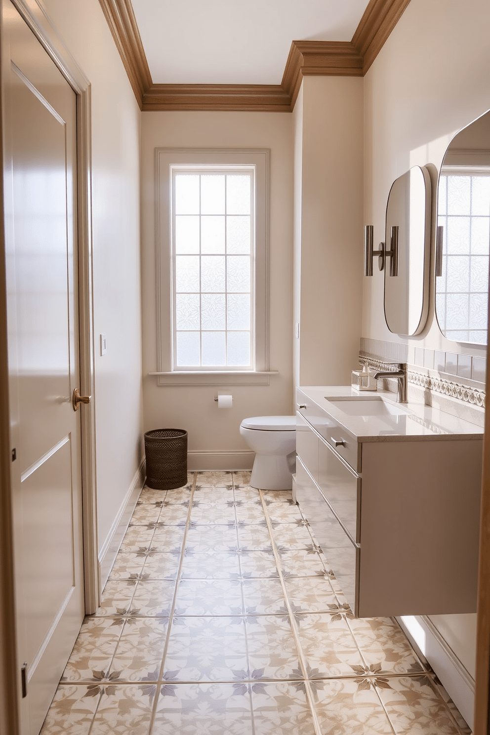 A hallway bathroom featuring unique tile patterns that create visual interest. The walls are painted in a soft neutral tone, complementing the intricate designs of the floor tiles. The space includes a sleek, modern vanity with a minimalist sink and elegant fixtures. Natural light floods in through a frosted glass window, enhancing the inviting atmosphere of the room.