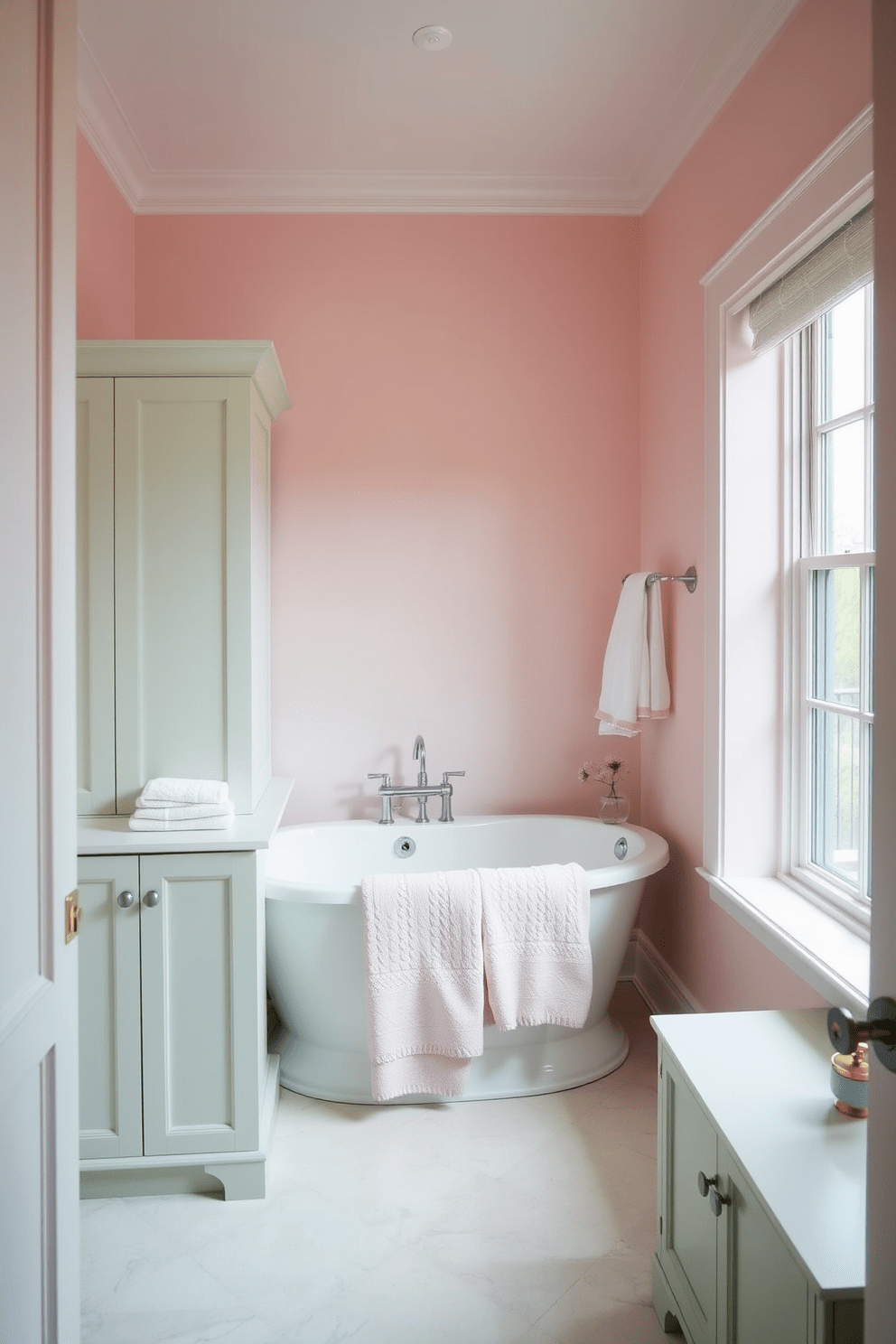 A serene hallway bathroom featuring soft pastel colors creates a calming atmosphere. The walls are painted in a gentle blush pink, complemented by a light mint green accent on the cabinetry. A freestanding bathtub sits elegantly against one wall, adorned with plush towels in coordinating pastel shades. A large window allows natural light to filter in, enhancing the tranquil ambiance of the space.