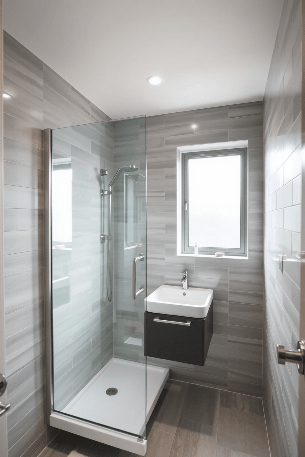 A compact shower featuring a sleek glass enclosure is the focal point of this modern hallway bathroom. The walls are adorned with light gray tiles, and a floating vanity with a single sink complements the minimalist design. Natural light floods the space through a frosted window, creating a bright and airy atmosphere. Accents of brushed nickel on the fixtures add a touch of elegance to the overall aesthetic.