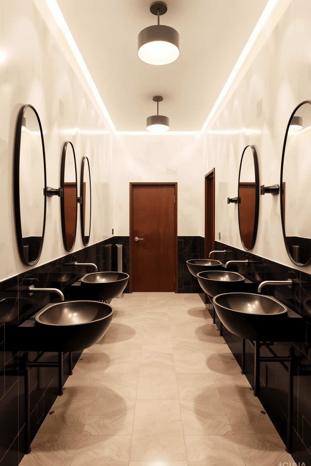 A hallway bathroom featuring unique sink shapes that add an artistic touch. The space is adorned with sleek fixtures and contemporary lighting, creating a modern yet inviting atmosphere.