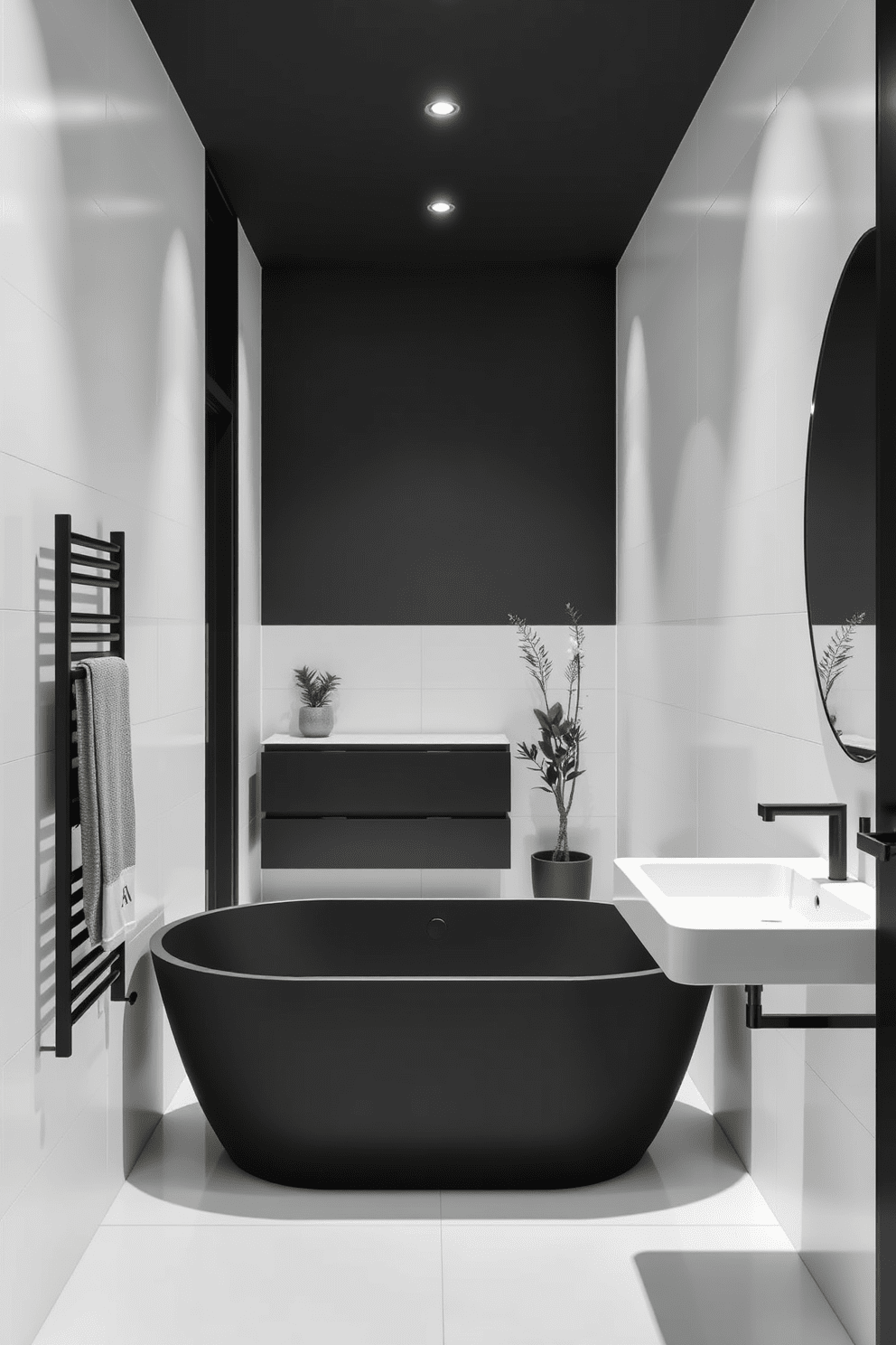 A sleek black and white hallway bathroom features a modern freestanding bathtub with a matte black finish. The walls are adorned with large white tiles, and a minimalist black vanity with a white countertop complements the overall aesthetic. The space is illuminated by recessed lighting, creating a bright and airy feel. A tall black towel rack stands against one wall, while a decorative potted plant adds a touch of greenery to the monochromatic design.