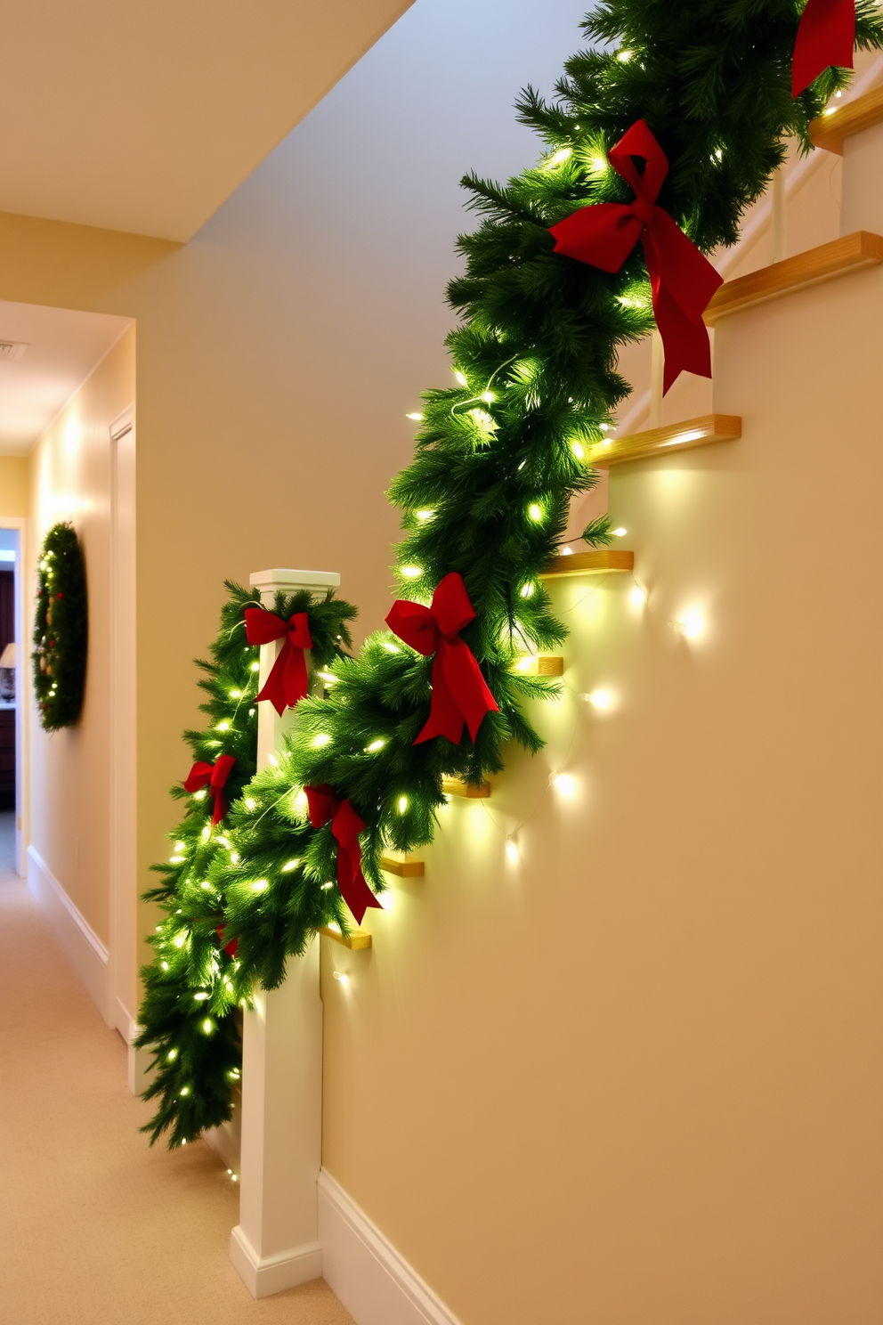 A festive hallway adorned with a garland draped elegantly along the staircase railing. The garland is lush and vibrant, accented with twinkling white lights and red bows, creating a warm and inviting atmosphere for the holiday season.