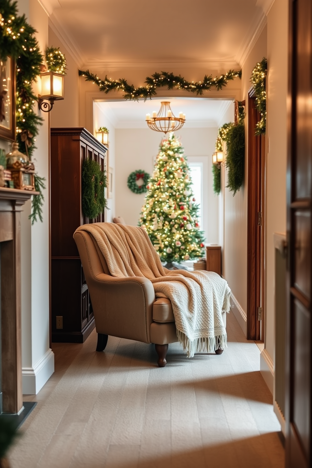 A cozy blanket is draped over a plush armchair in a warm living room setting. Soft, neutral tones of the blanket complement the rich wooden tones of the chair and the surrounding decor. The hallway is adorned with festive Christmas decorations, including garlands of greenery and twinkling fairy lights. A beautifully decorated Christmas tree stands at the end of the hallway, creating a welcoming and joyful atmosphere.