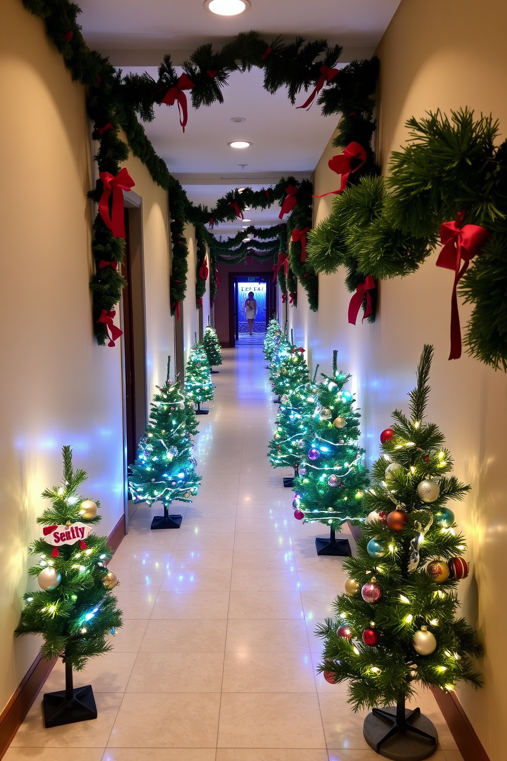 Miniature Christmas trees are placed in the corners of the hallway, each adorned with twinkling fairy lights and colorful ornaments. The walls are draped with garlands of pine and red ribbon, creating a warm and festive atmosphere throughout the space.