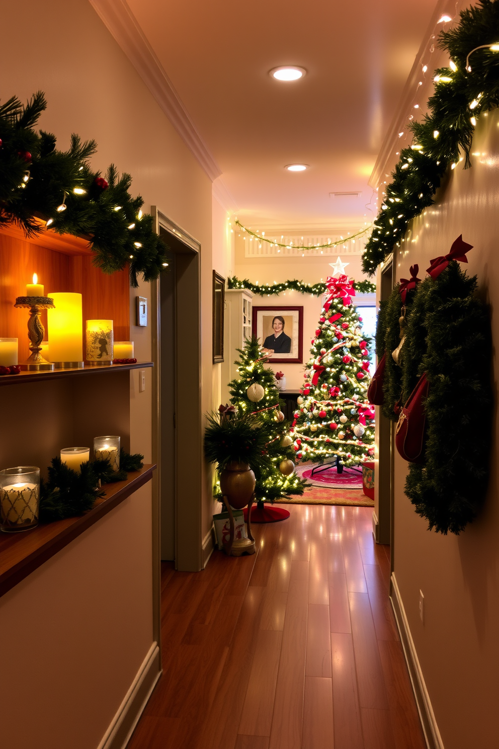 A cozy hallway adorned with festive Christmas decorations. Shelves feature candles in decorative holders, casting a warm glow throughout the space. The walls are draped with garlands and twinkling fairy lights. A beautifully decorated Christmas tree stands at the end of the hallway, creating a welcoming atmosphere.