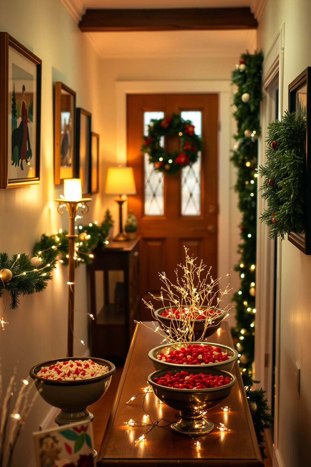 A cozy hallway adorned with festive decorations for Christmas. There are bowls of potpourri filled with seasonal scents placed on a console table, surrounded by twinkling fairy lights and evergreen garlands. The walls are lined with framed holiday-themed artwork, and a beautiful wreath hangs on the door. Soft, warm lighting creates an inviting atmosphere, enhancing the charm of the holiday decorations.