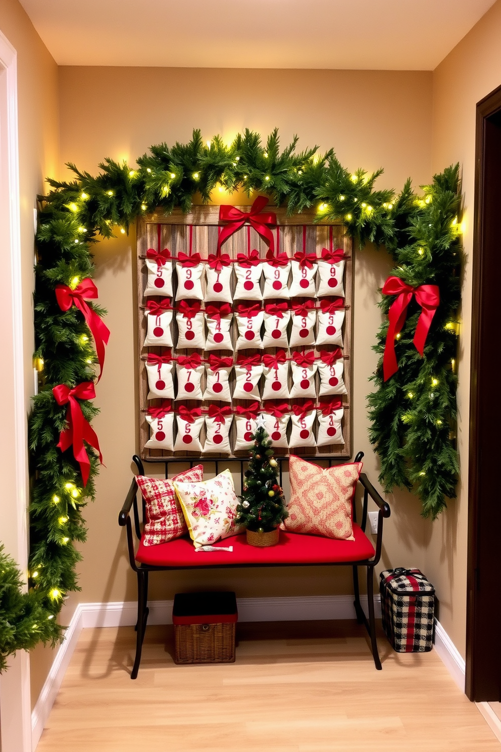 Advent calendar displayed in a creative way. The calendar is hung on a rustic wooden board adorned with twinkling fairy lights, featuring small fabric pouches filled with treats and surprises. Hallway Christmas Decorating Ideas. The hallway is lined with evergreen garlands, accented with red ribbons and ornaments, while a cozy bench is placed against the wall, topped with festive pillows and a small Christmas tree.