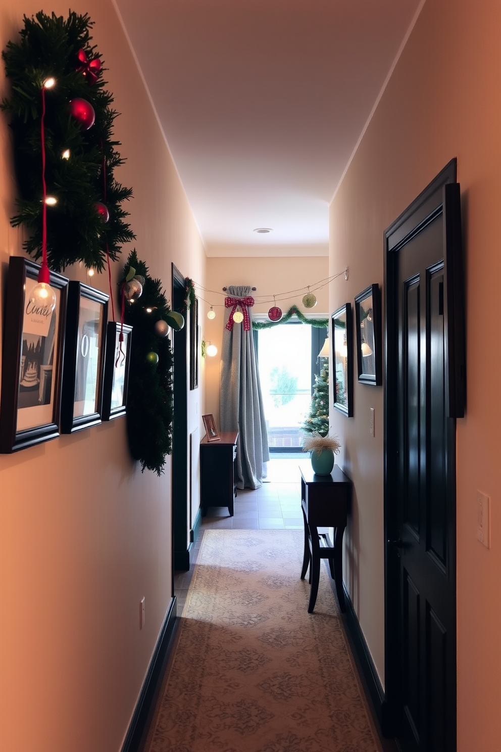 A charming hallway adorned with a string of framed holiday cards elegantly displayed. The walls are painted in a warm neutral tone, with soft lighting creating a cozy atmosphere perfect for the festive season.