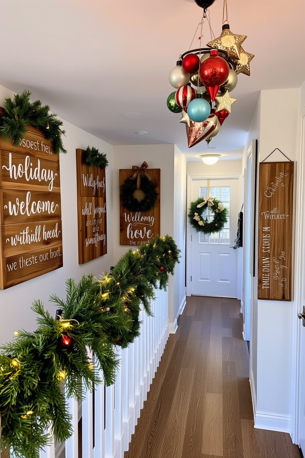 Rustic wooden signs adorned with heartfelt holiday messages are placed along the walls of a cozy hallway. The signs feature warm, earthy tones and whimsical lettering, creating a festive atmosphere that welcomes guests. In the hallway, garlands of evergreen branches are draped over the banister, complemented by twinkling fairy lights. A collection of holiday-themed ornaments hangs from the ceiling, adding a touch of charm and seasonal cheer.