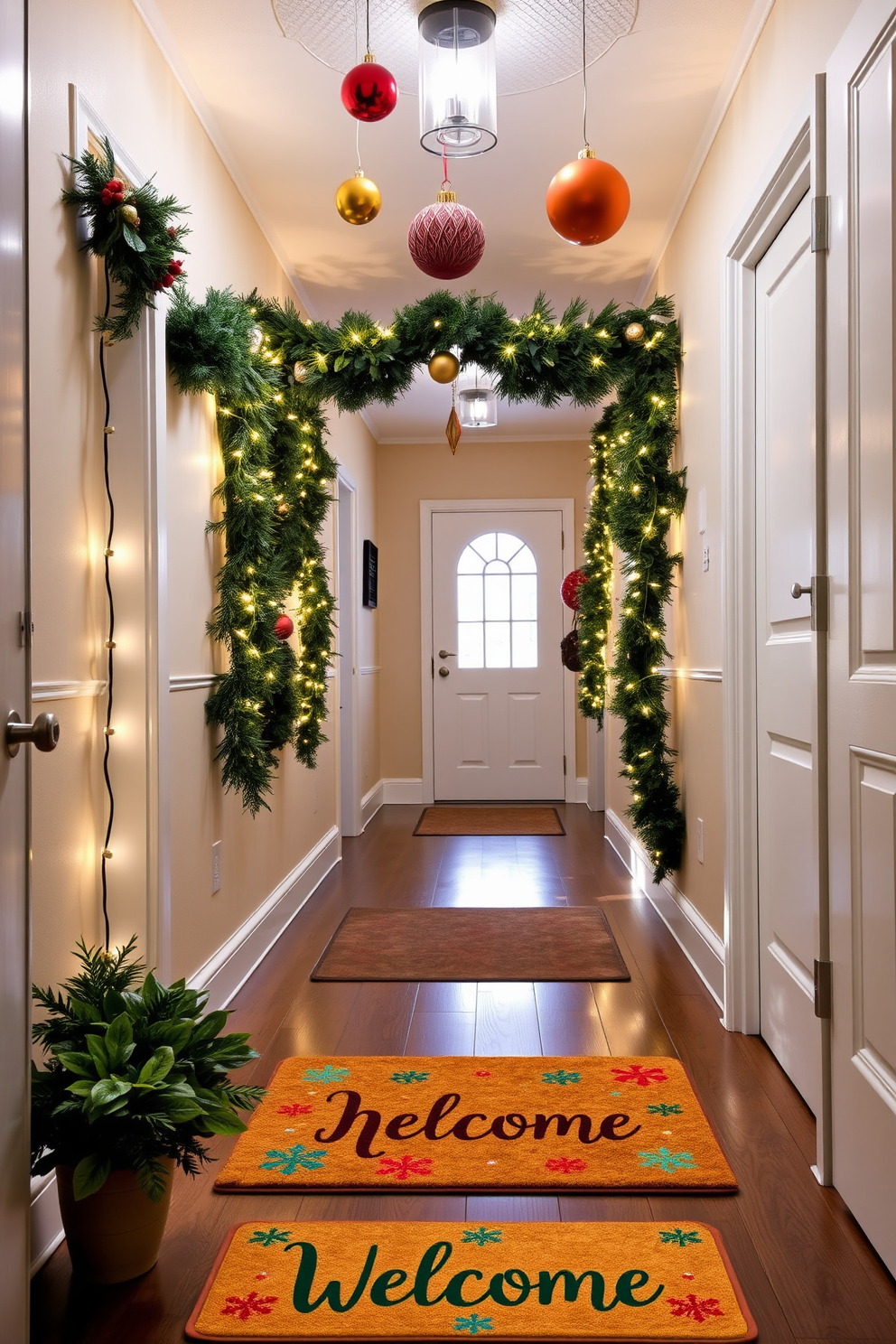 A cheerful welcome mat is placed at the entrance, featuring festive colors and a joyful holiday message. The hallway is adorned with twinkling string lights, garlands of greenery, and colorful ornaments hanging from the ceiling.