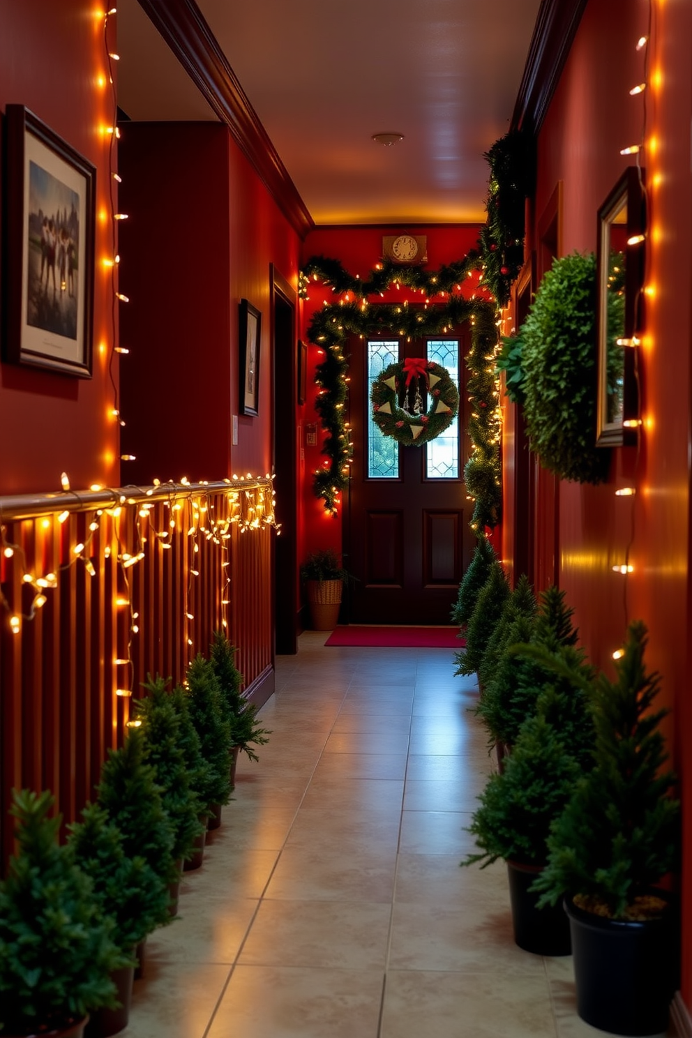 A cozy hallway adorned with festive decorations. String lights are elegantly wrapped around the banisters, casting a warm glow throughout the space. The walls are decorated with holiday-themed artwork and garlands. A collection of small potted evergreen plants line the hallway floor, adding a touch of greenery.