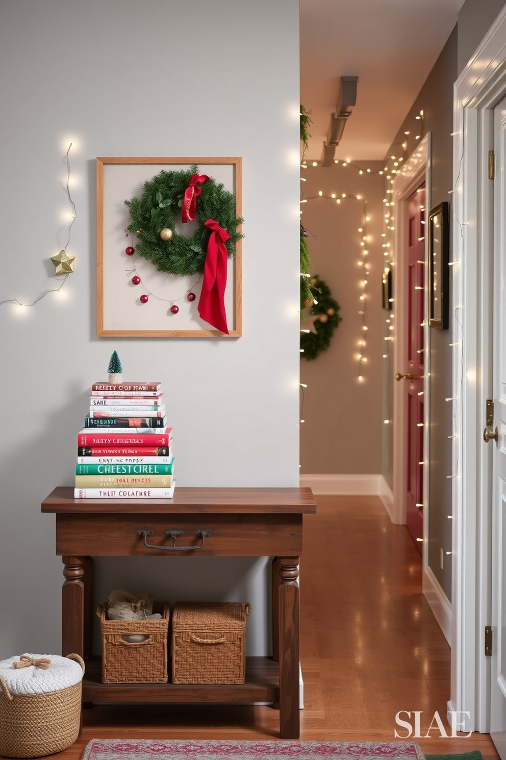 A festive hallway adorned with holiday-themed books stacked decoratively on a rustic wooden console table. Twinkling fairy lights drape along the walls, creating a warm and inviting atmosphere for the holiday season.