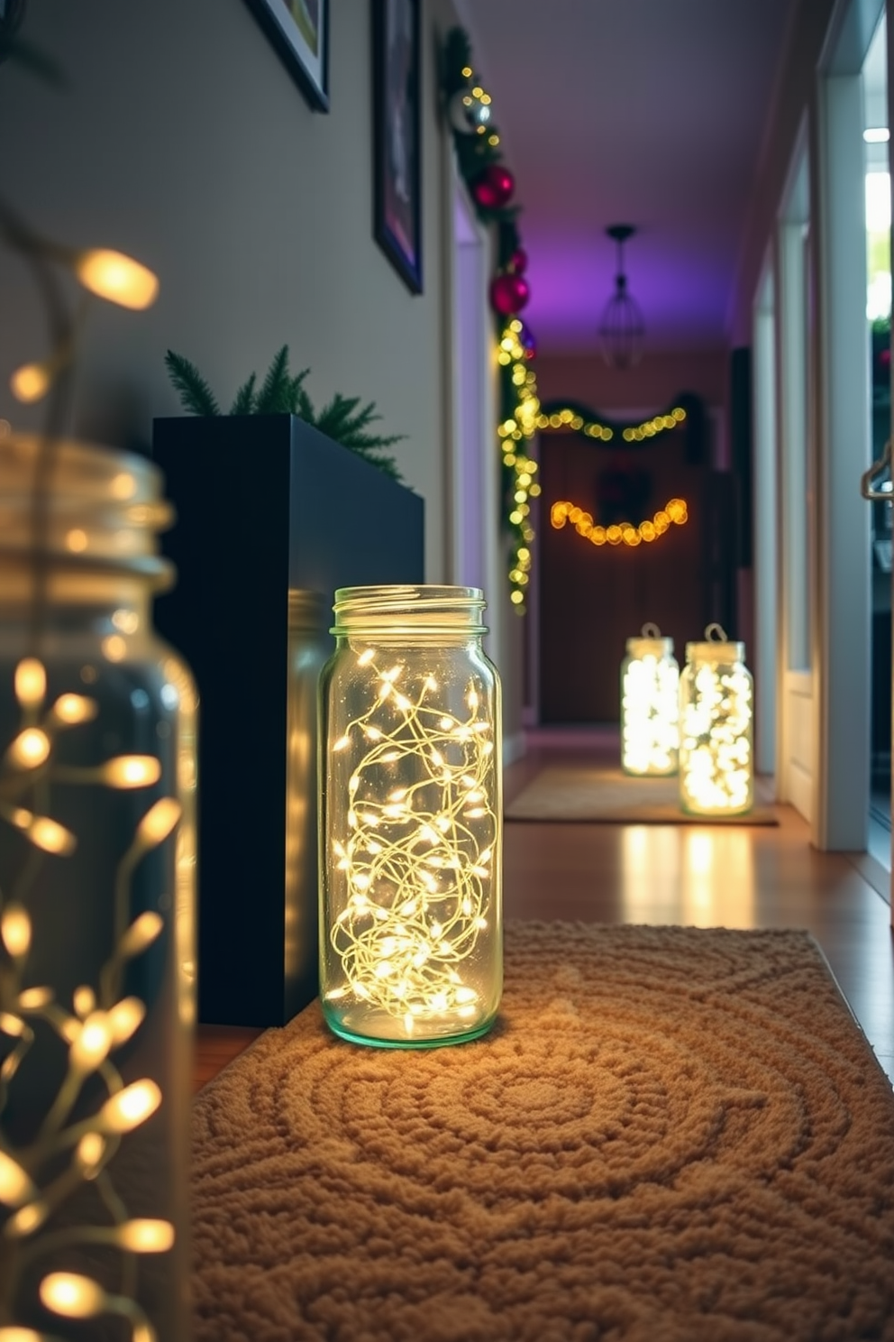 Twinkling fairy lights are delicately arranged inside glass jars, creating a warm and inviting glow. The jars are placed along the hallway, casting a soft light that enhances the festive atmosphere. The hallway is adorned with festive decorations, including garlands of greenery and colorful ornaments. A cozy rug adds warmth to the space, inviting guests to linger and enjoy the holiday spirit.