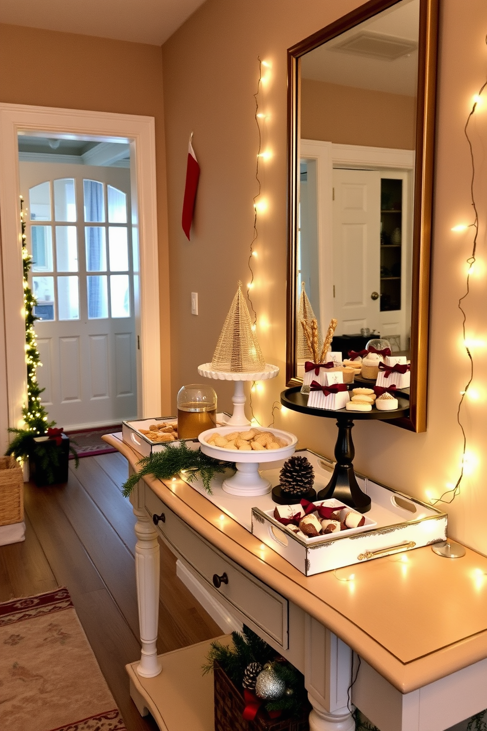 A festive hallway adorned with decorative trays featuring an assortment of holiday treats. The trays are elegantly arranged on a console table, surrounded by twinkling fairy lights and seasonal greenery.