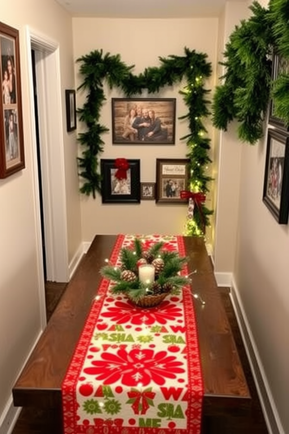 A festive runner adorns the hallway table, featuring vibrant red and green patterns that evoke the spirit of the season. Surrounding the runner are carefully arranged holiday decorations, including small pinecones and twinkling fairy lights. The walls are adorned with garlands of fresh greenery, adding a touch of nature to the festive atmosphere. A few framed family photos in holiday-themed frames complete the cozy and inviting look of the hallway.