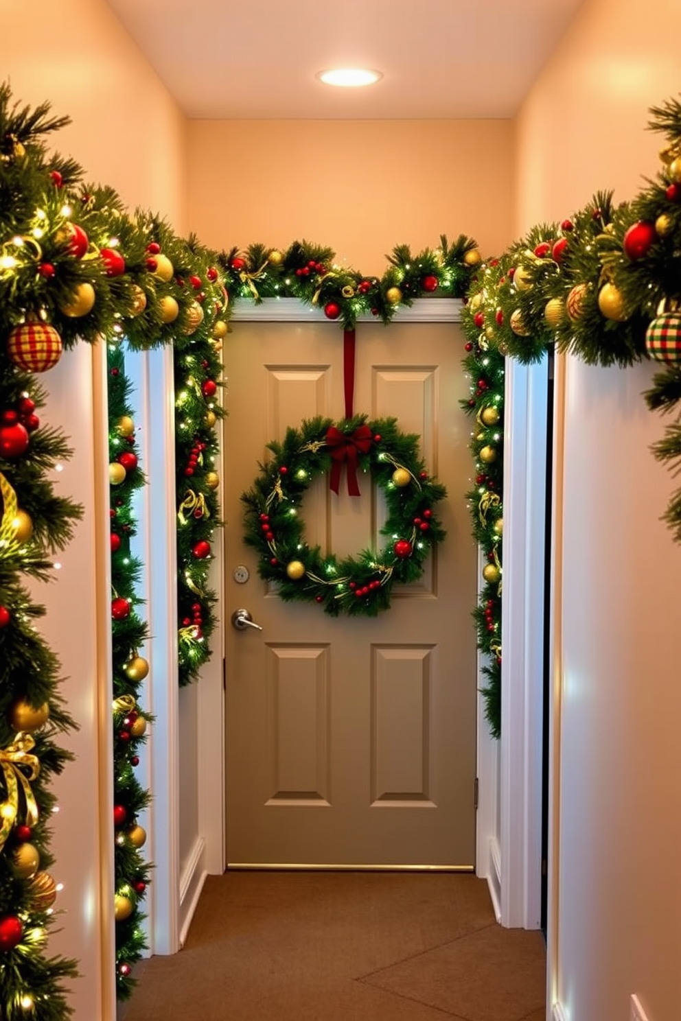 A festive hallway adorned with colorful garland draped around the door frames creates a warm and inviting atmosphere. The garland is lush and vibrant, featuring a mix of red, green, and gold accents that enhance the holiday spirit. Twinkling fairy lights are interwoven within the garland, adding a magical glow to the space. Complementing the decor, a cheerful wreath hangs on the main door, welcoming guests with its seasonal charm.