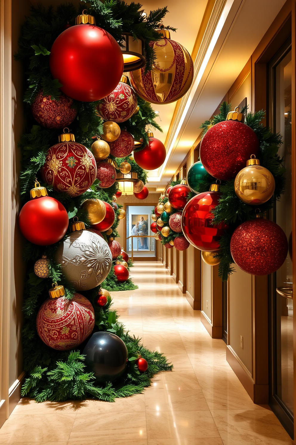 Oversized ornaments are artfully arranged along the hallway, creating a festive and inviting atmosphere. The ornaments feature a mix of rich colors and textures, enhancing the holiday spirit while complementing the decor. Lush greenery is intertwined with the ornaments, adding a touch of nature to the festive display. Soft, warm lighting illuminates the hallway, highlighting the beauty of the oversized decorations and creating a cozy ambiance.