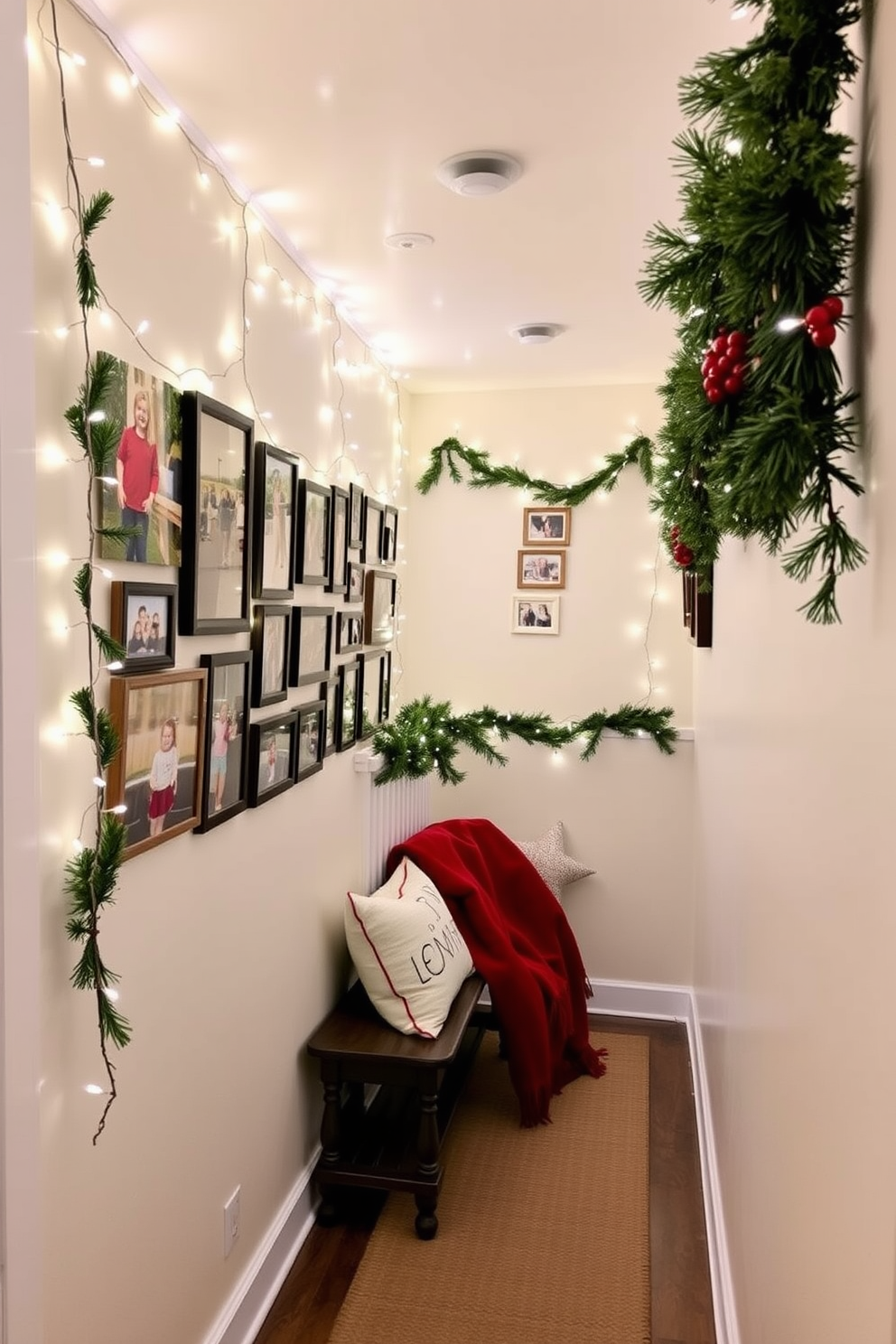 A charming hallway adorned with a DIY photo display showcasing cherished memories from past Christmases. The walls are lined with twinkling string lights that frame a collection of framed photos, each capturing joyful holiday moments. Festive garlands made of pine and red berries drape along the railing, adding a touch of greenery. A cozy bench at the end of the hallway is topped with a plush red throw and decorative pillows, inviting guests to sit and reminisce.