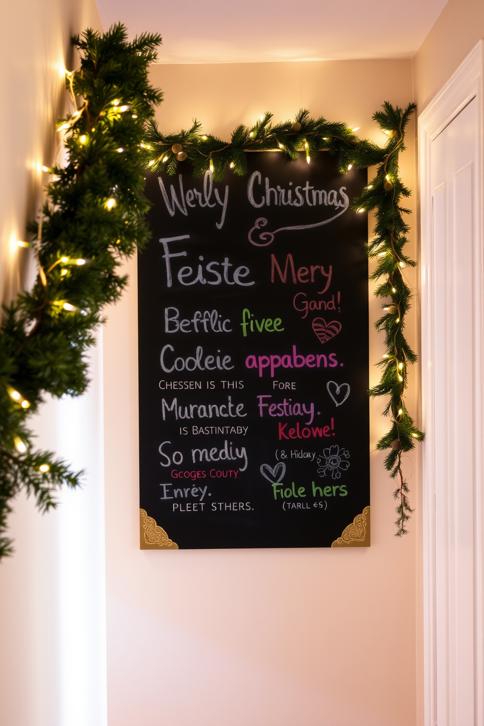 A chalkboard is mounted on the wall in a cozy hallway, adorned with festive messages and drawings in colorful chalk. Surrounding the chalkboard are twinkling fairy lights and garlands of evergreen branches, creating a warm and inviting holiday atmosphere.