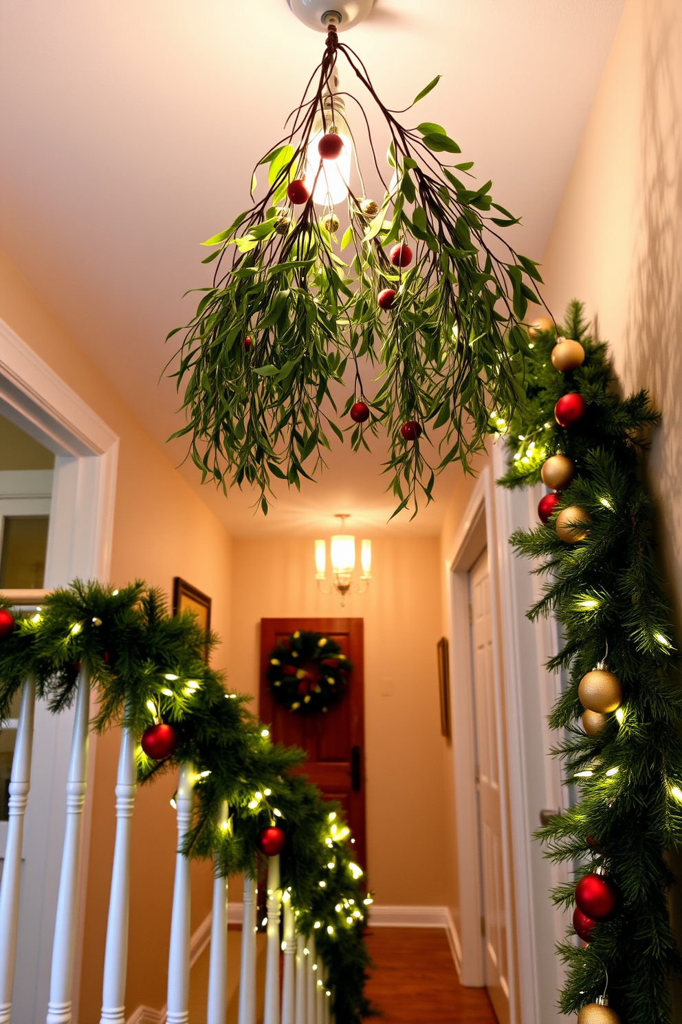 A warm and inviting entryway adorned for Christmas. Hanging mistletoe dangles gracefully from the ceiling above the entrance, creating a festive atmosphere. The hallway features a garland of fresh pine draped along the banister, accented with twinkling fairy lights. Soft red and gold ornaments are scattered throughout, adding a touch of holiday cheer.