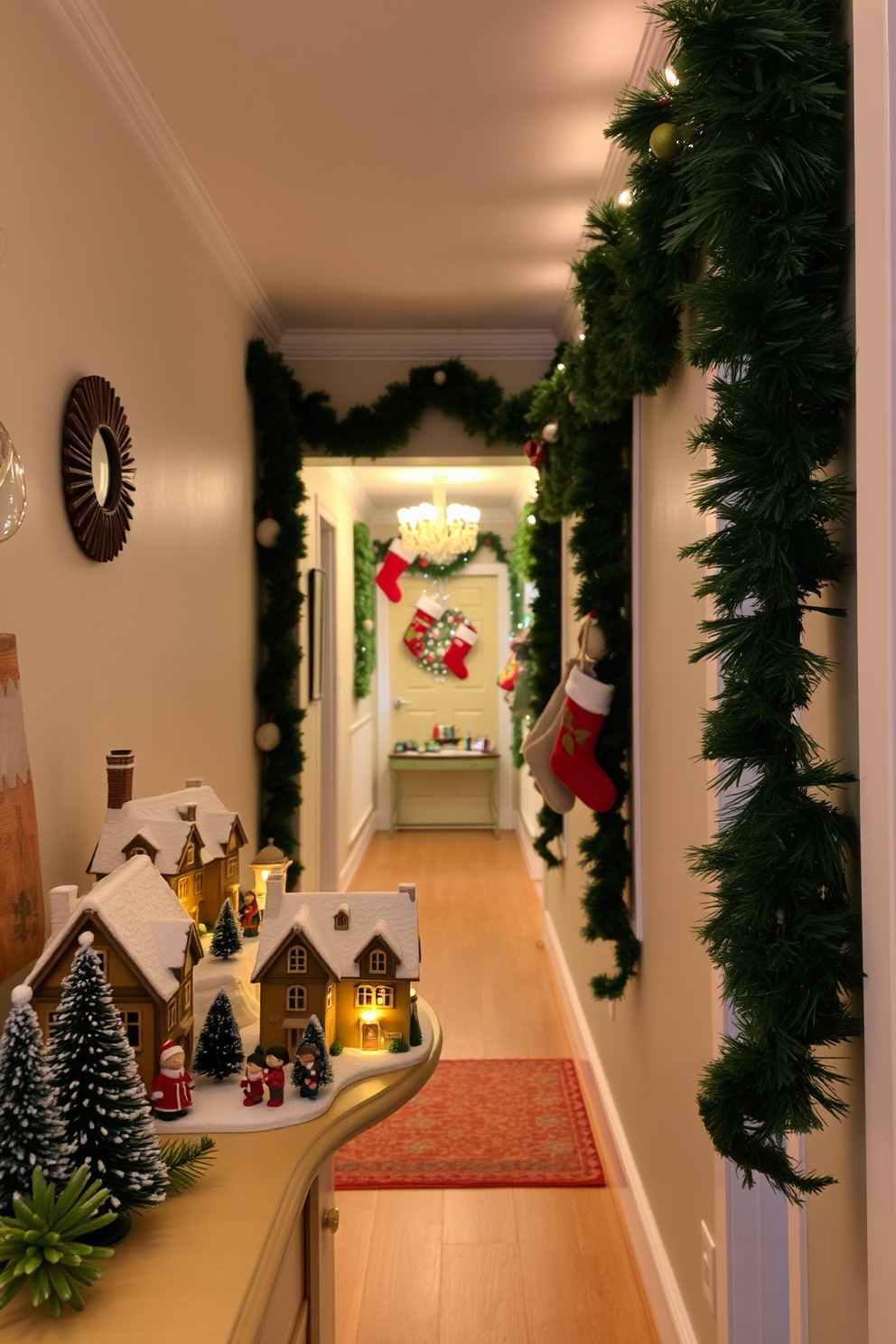 A charming Christmas village set up on a shelf. The village features quaint houses with snow-covered roofs, twinkling lights, and miniature figures celebrating the holiday season. A cozy hallway adorned with festive decorations. The walls are lined with garlands of greenery, and colorful stockings hang from the banister, creating a warm and inviting atmosphere.