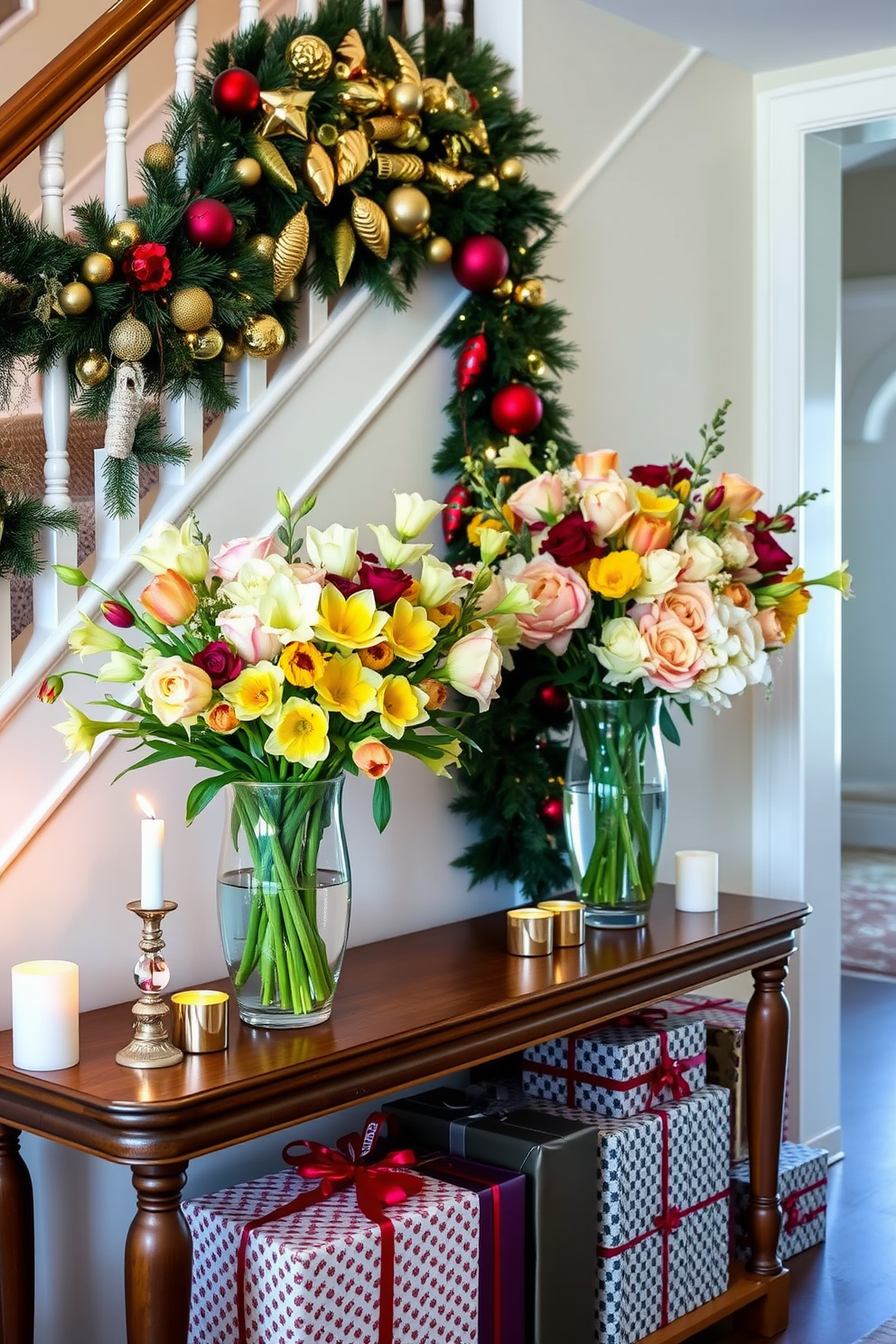 Seasonal floral arrangements in vases feature an assortment of vibrant blooms such as tulips, daffodils, and peonies arranged artfully in elegant glass vases. The vases are placed on a wooden console table, surrounded by soft greenery and decorative candles that enhance the fresh and inviting atmosphere. Hallway Christmas decorating ideas include a beautifully adorned garland draped along the staircase railing, adorned with twinkling fairy lights and festive ornaments. A collection of stylishly wrapped presents sits at the base of the stairs, adding a touch of holiday cheer and warmth to the entryway.