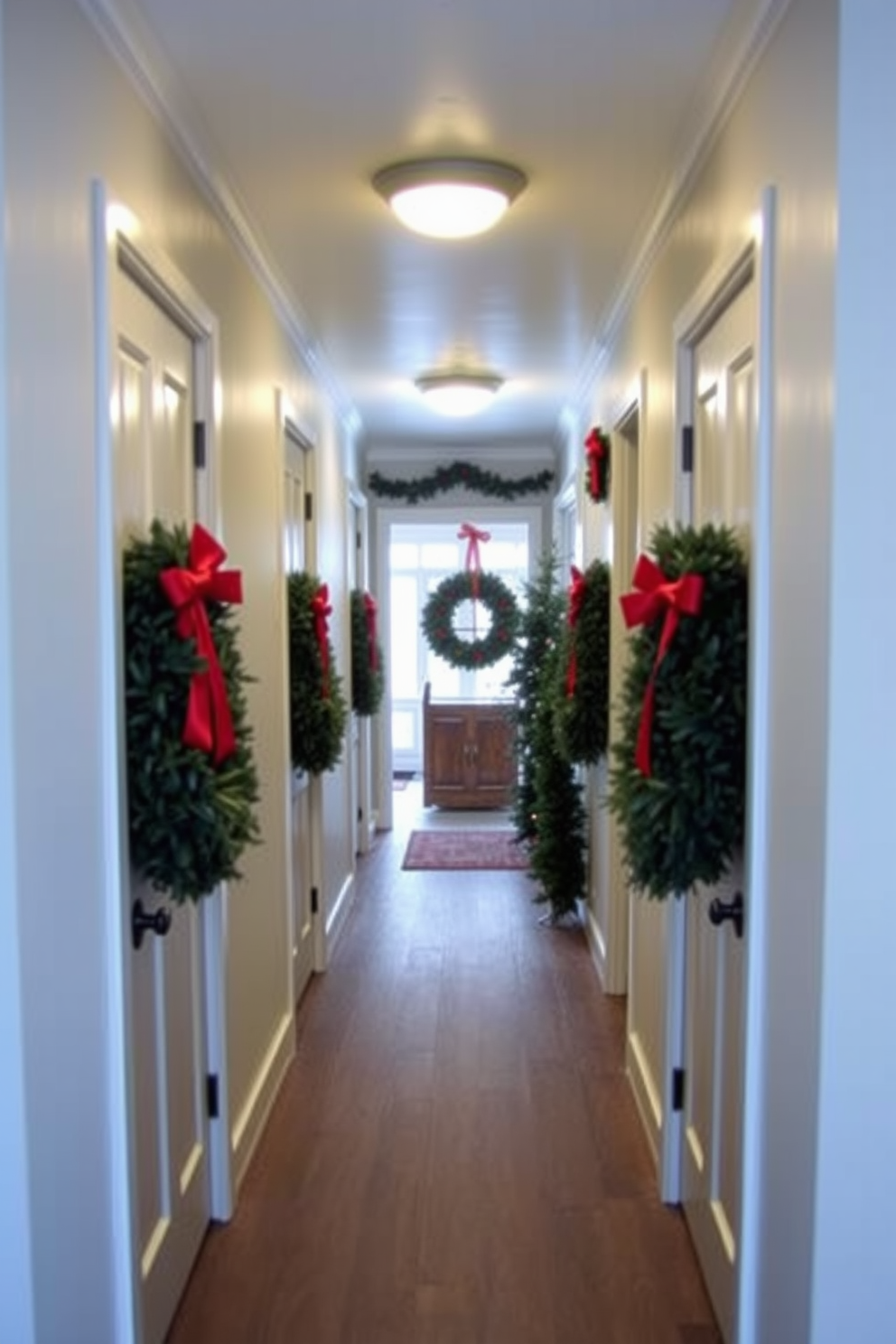 Create a cozy hallway adorned for Christmas. Wreaths with red bows hang on each door, adding a festive touch to the space.