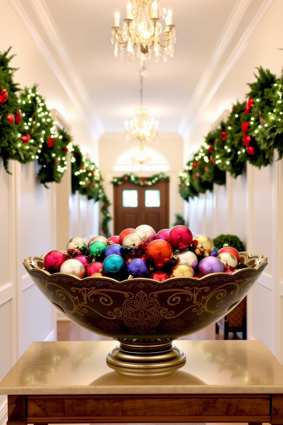 A large decorative bowl filled with colorful ornaments sits on a console table in a beautifully decorated hallway. The walls are adorned with festive garlands, and twinkling lights create a warm and inviting atmosphere.