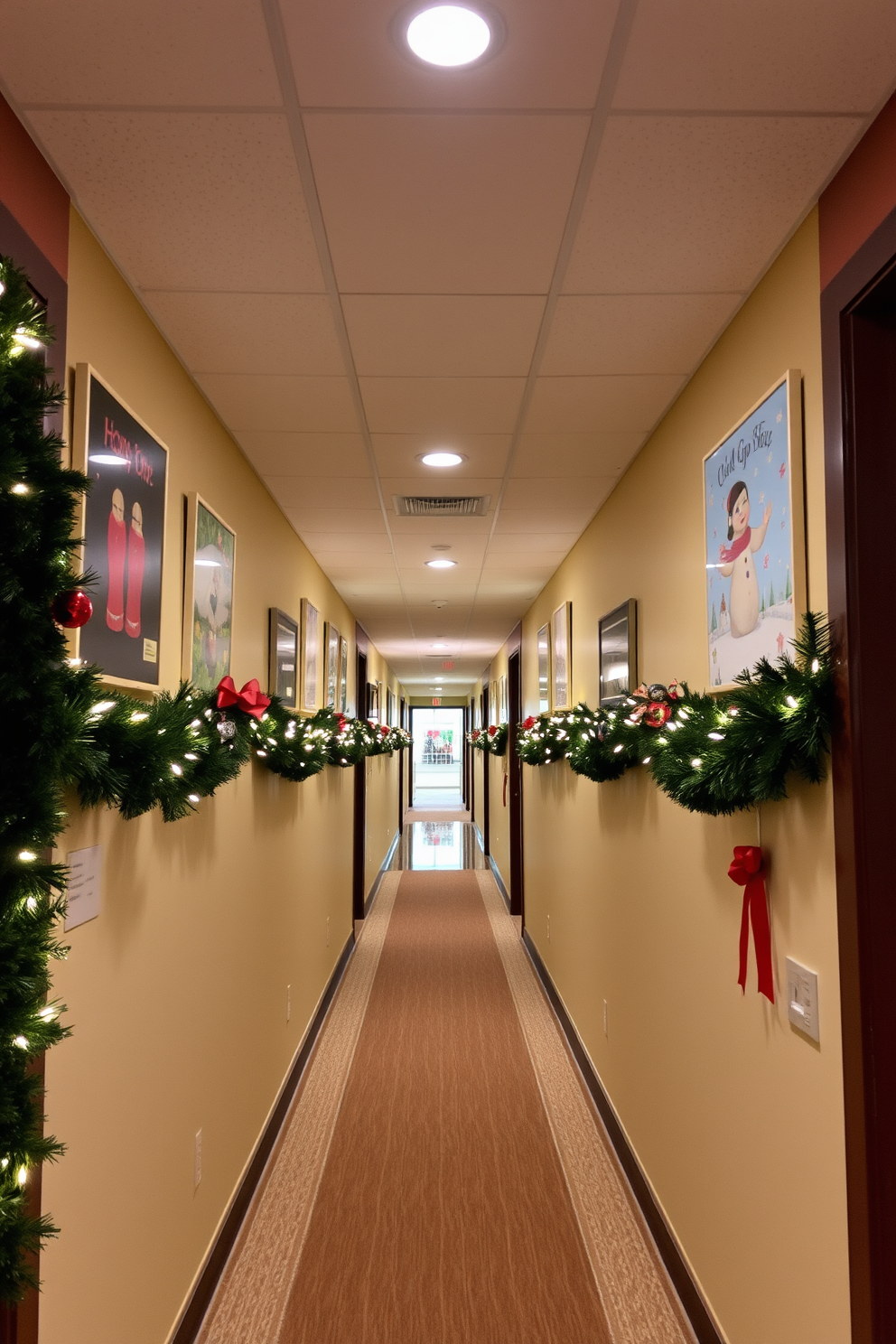 Festive artwork displayed on the walls creates a warm and inviting atmosphere. The hallway is adorned with holiday-themed decorations, including garlands and twinkling lights.