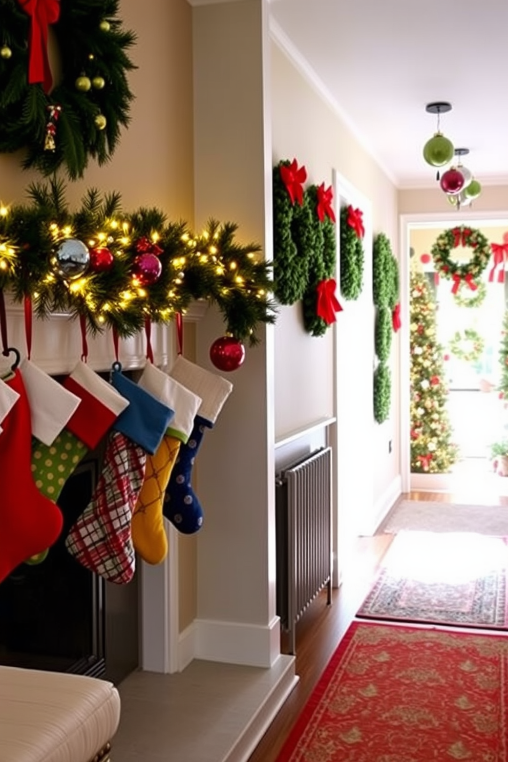 Colorful stockings lined up on the mantel create a festive and inviting atmosphere. The mantel is adorned with garlands of fresh greenery and twinkling fairy lights, enhancing the holiday spirit. In the hallway, a beautiful display of Christmas decorations welcomes guests. A mix of wreaths and ornaments in vibrant colors hang on the walls, while a cozy runner adds warmth to the space.