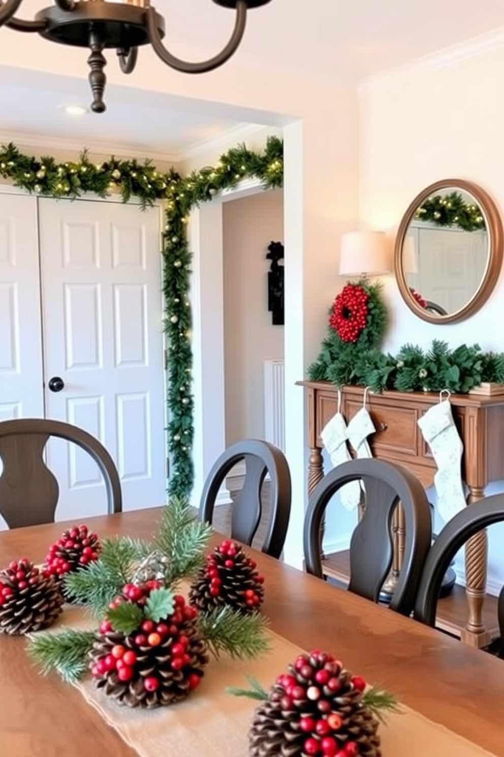 A festive dining table adorned with pinecone and berry centerpieces. The rich colors of the berries contrast beautifully with the natural texture of the pinecones, creating a warm and inviting atmosphere. A cozy hallway decorated for Christmas with garlands of greenery and twinkling fairy lights. Stockings hang from a wooden console table, complementing the seasonal decor and enhancing the festive spirit.