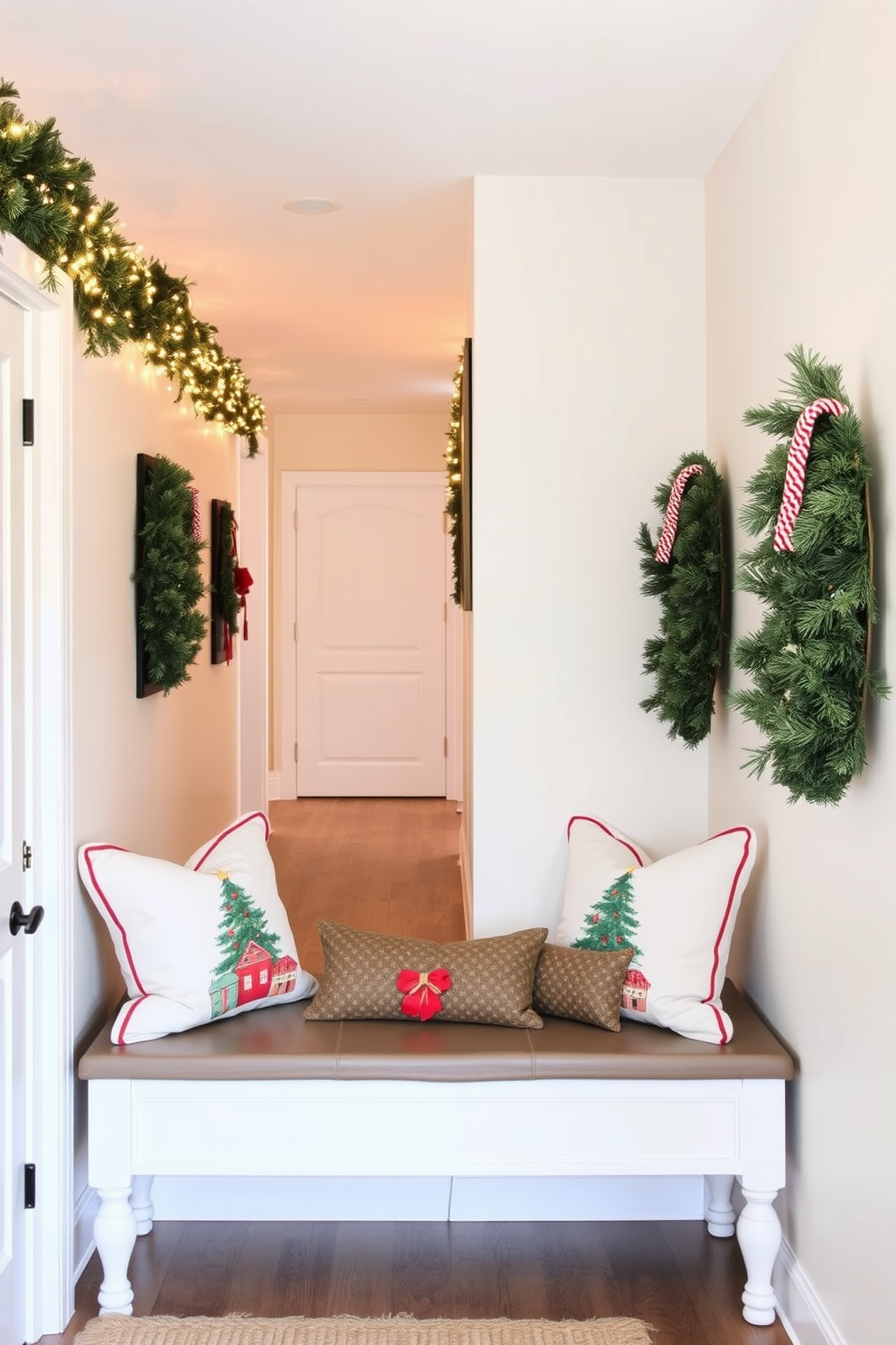 Create a cozy hallway adorned with Christmas-themed throw pillows placed on stylish benches. The walls are decorated with festive garlands and twinkling string lights, enhancing the holiday spirit.