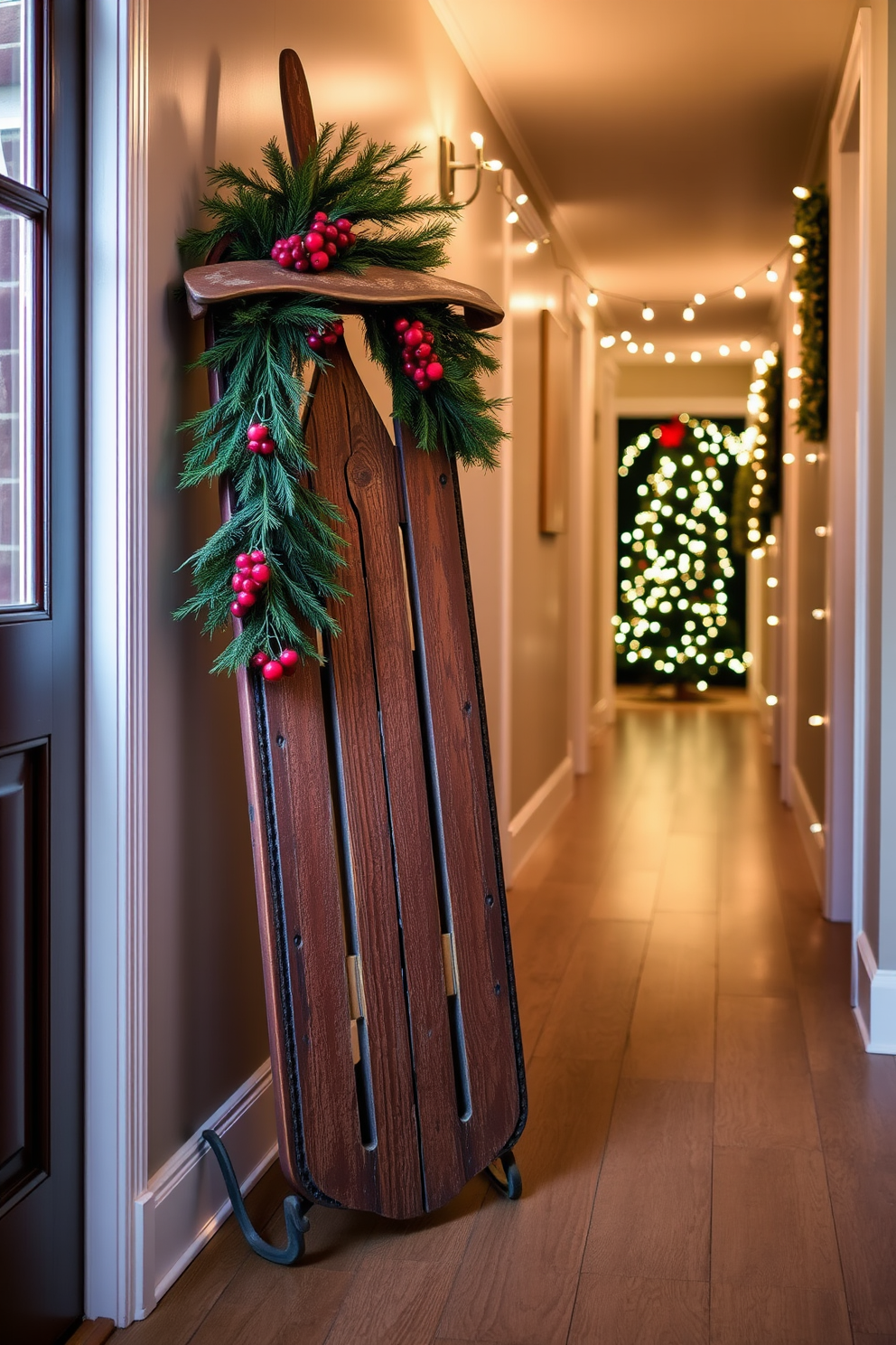 A vintage sled is propped against the wall, adorned with a festive garland of pine branches and red berries. The hallway is warmly lit with string lights, creating a cozy atmosphere that invites guests to enjoy the holiday spirit.