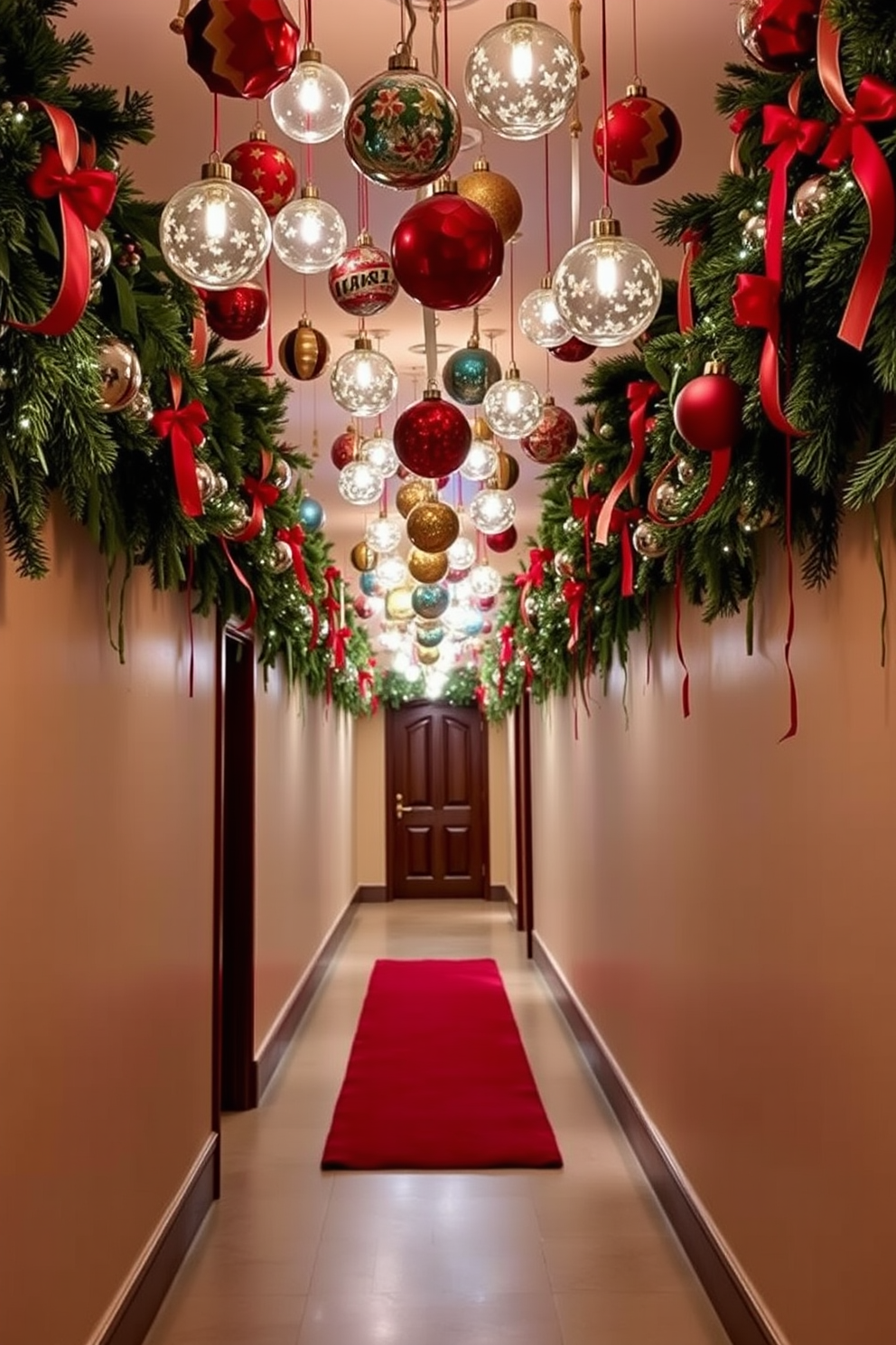 A festive hallway adorned with hanging ornaments from the ceiling creates a warm and inviting atmosphere. The ornaments vary in size and color, reflecting twinkling lights and adding a magical touch to the space. The walls are decorated with garlands of evergreen, intertwined with ribbons and small ornaments. A plush runner in rich red leads down the hallway, enhancing the holiday spirit and guiding guests through the festive decor.