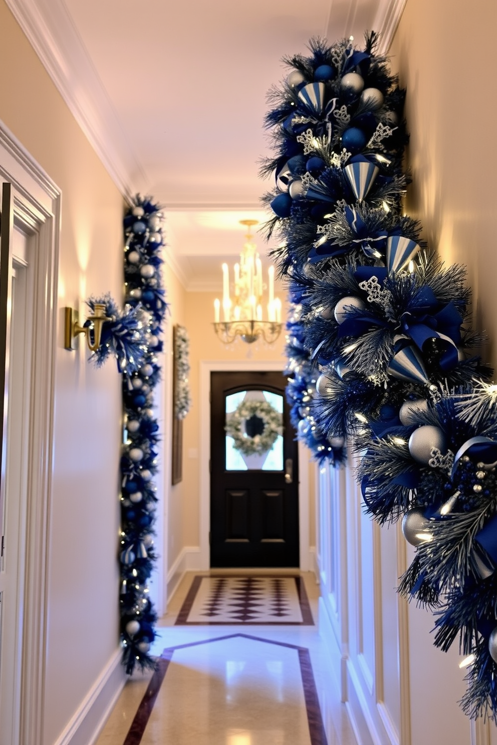 An elegant hallway adorned with a blue and silver garland creates a festive atmosphere for Hanukkah. The garland drapes gracefully along the walls, complemented by twinkling fairy lights that add a warm glow to the space.