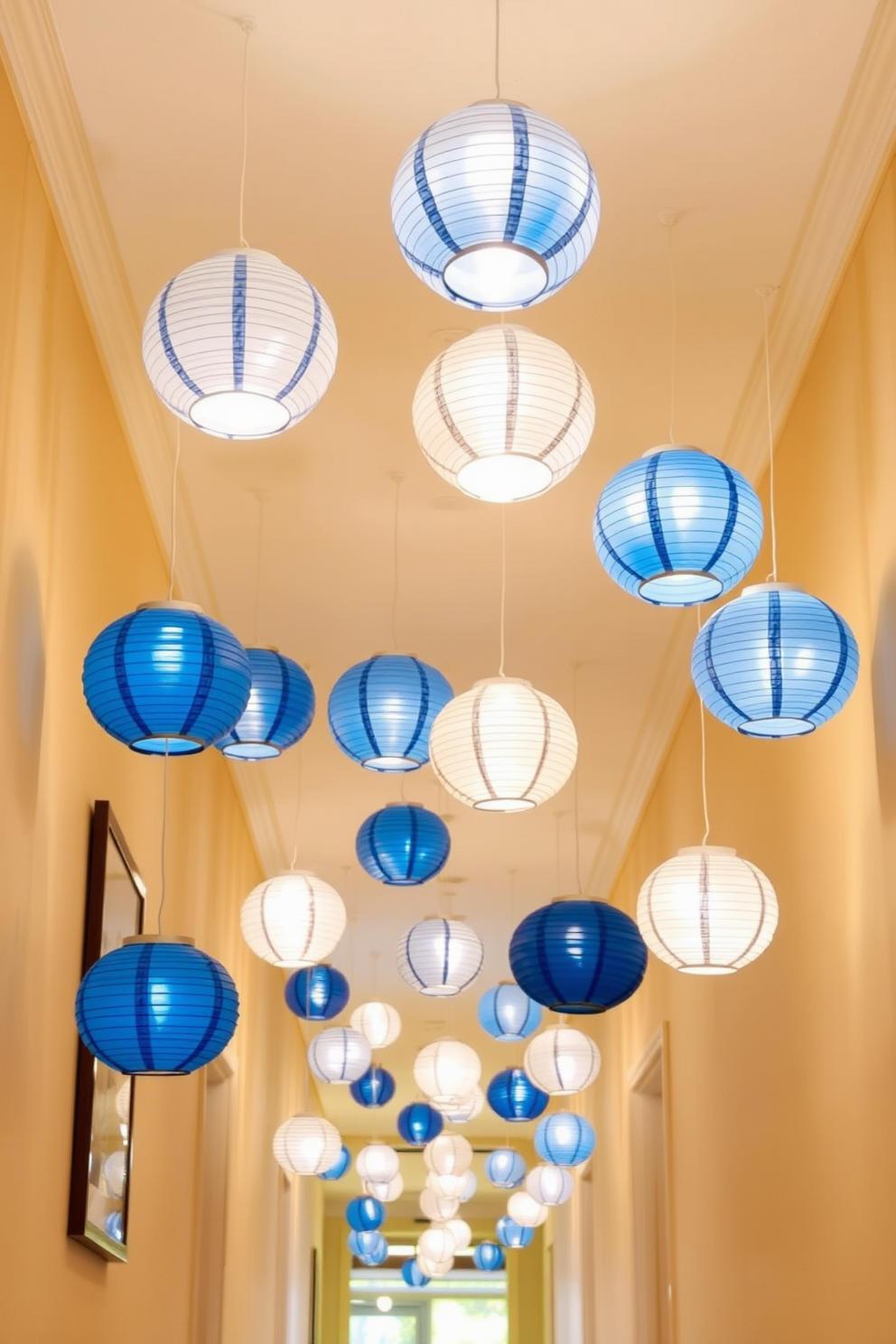 A bright hallway adorned with DIY paper lanterns in blue and white. The lanterns hang at varying heights, casting a warm glow and creating a festive atmosphere for Hanukkah celebrations.