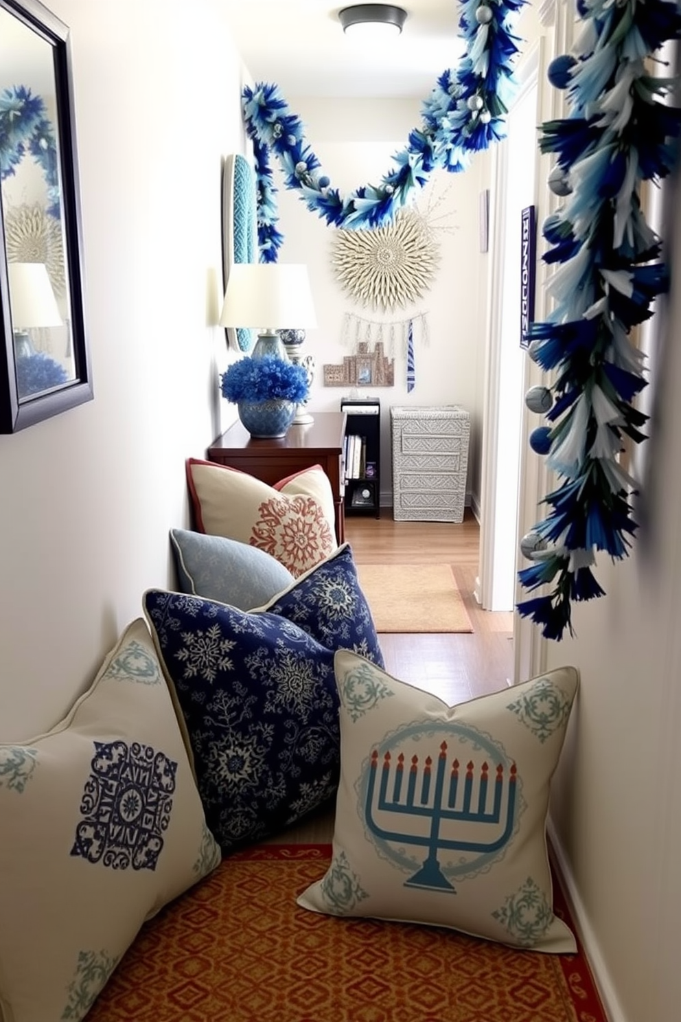 Seasonal throw pillows with festive designs. Each pillow features unique patterns and colors that celebrate the spirit of the season, adding warmth and charm to your living space. Hallway Hanukkah decorating ideas. The hallway is adorned with beautiful blue and silver accents, including garlands and wall hangings that reflect the traditions of the holiday.