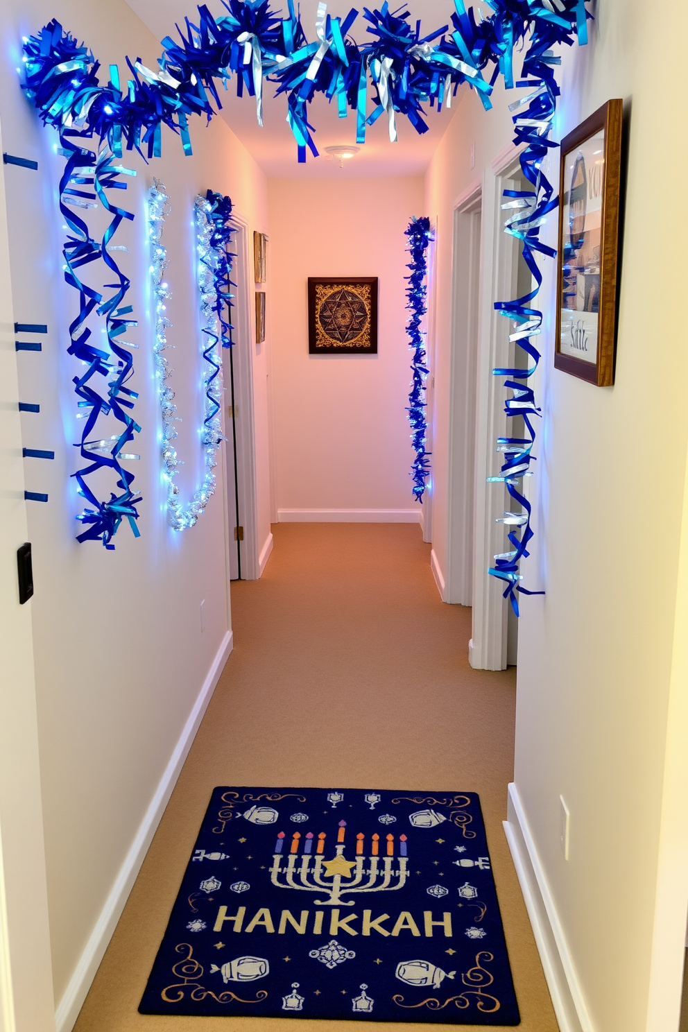 A festive Hanukkah-themed doormat greets visitors at the entrance, featuring a vibrant blue background adorned with white menorahs and dreidels. The doormat adds a cheerful touch to the space, inviting warmth and celebration into the home. In the hallway, strings of blue and silver garlands hang gracefully along the walls, creating a joyful atmosphere. Decorative wall art showcasing Hanukkah symbols complements the festive decor, enhancing the overall holiday spirit.