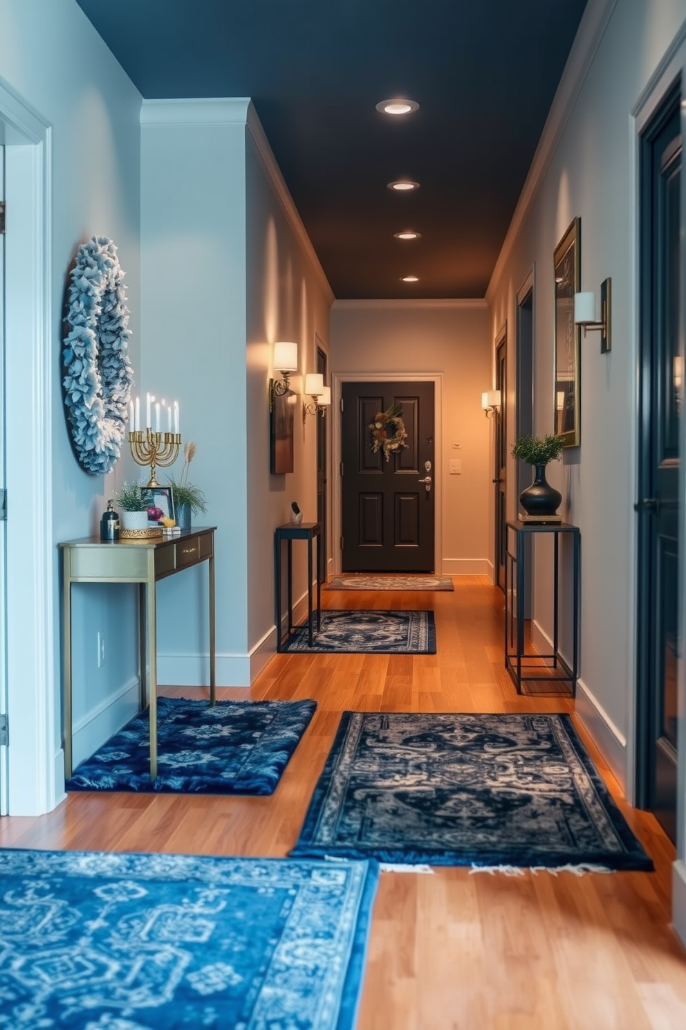 Layered rugs in a Hanukkah color palette adorn the hallway, creating a warm and inviting atmosphere. The rugs feature rich blues and silvers, beautifully complementing the festive decor and enhancing the overall elegance of the space. The hallway is adorned with subtle Hanukkah decorations, including elegant menorahs and tasteful wall art. Soft lighting illuminates the area, casting a cozy glow on the layered rugs and festive accents.