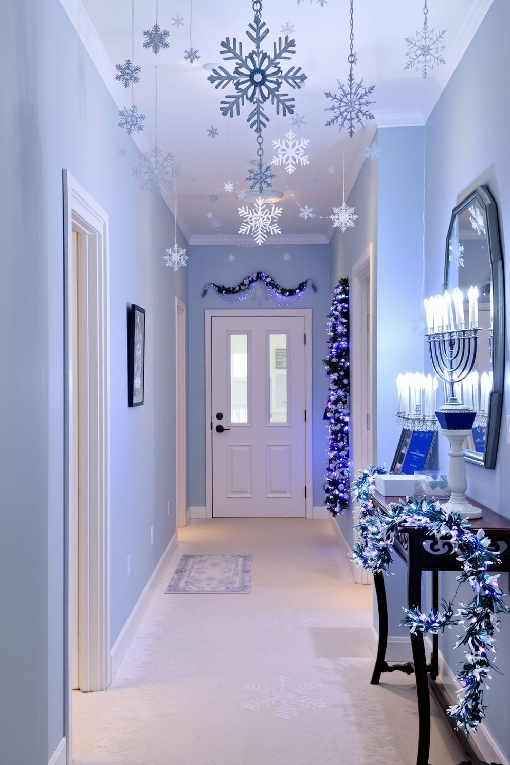 A serene hallway adorned with hanging paper snowflakes creates a whimsical winter atmosphere. The walls are painted in a soft blue hue, and a light dusting of faux snow covers the floor. For Hanukkah, the hallway features elegant decorations with blue and silver accents. A menorah is placed on a console table, surrounded by shimmering garlands and twinkling fairy lights.