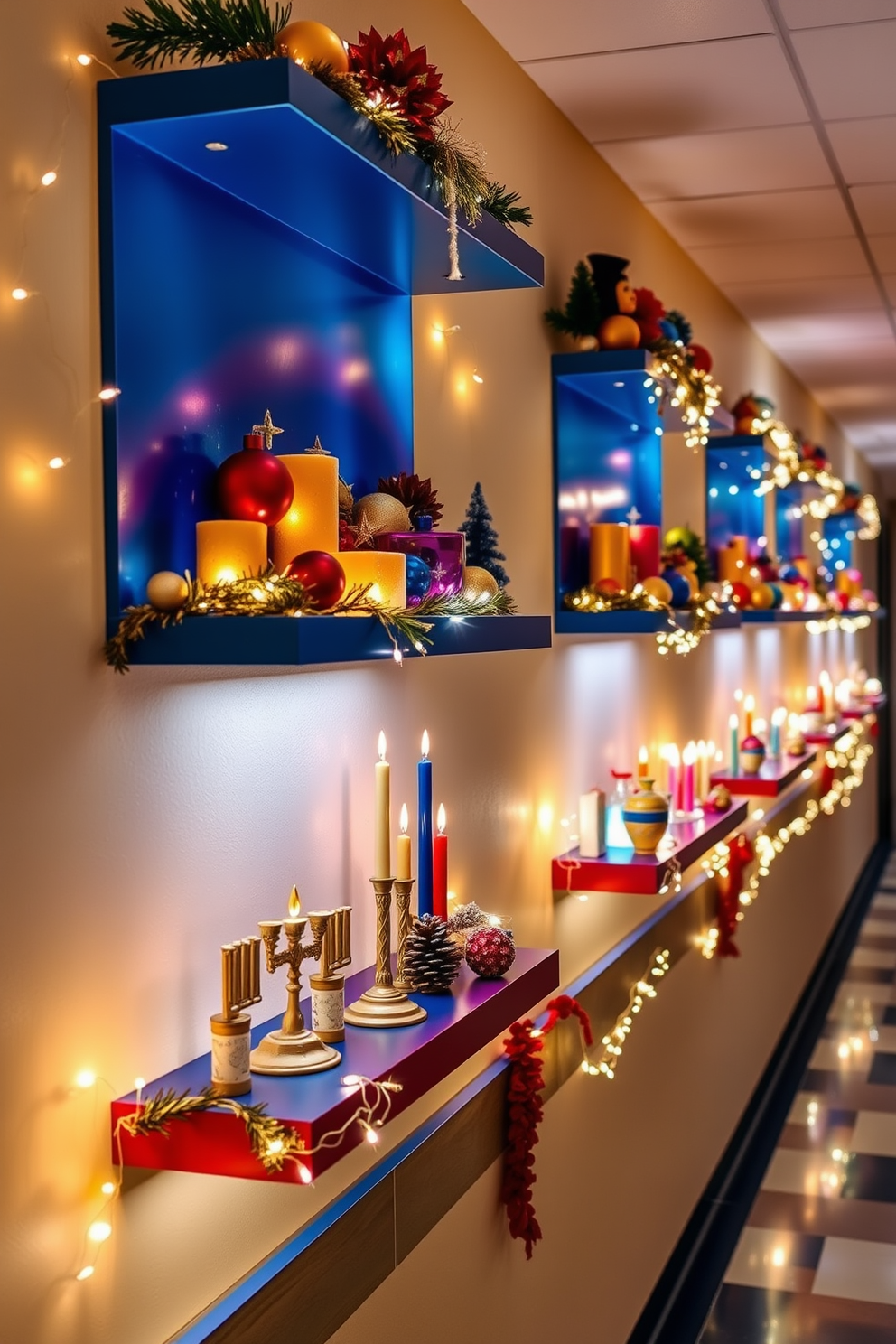 Wall-mounted shelves adorned with vibrant decorations and twinkling lights create a festive atmosphere. Each shelf is filled with colorful ornaments, candles, and traditional symbols of Hanukkah, inviting warmth and joy into the hallway. The hallway features a blend of rich blue and gold accents, echoing the colors of the holiday. Soft, ambient lighting highlights the festive displays, making the space feel welcoming and celebratory.