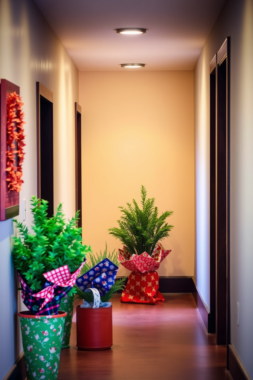 A warm and inviting hallway adorned with potted plants wrapped in festive holiday fabric. The rich colors of the fabric complement the greenery, creating a cheerful atmosphere for Hanukkah celebrations.