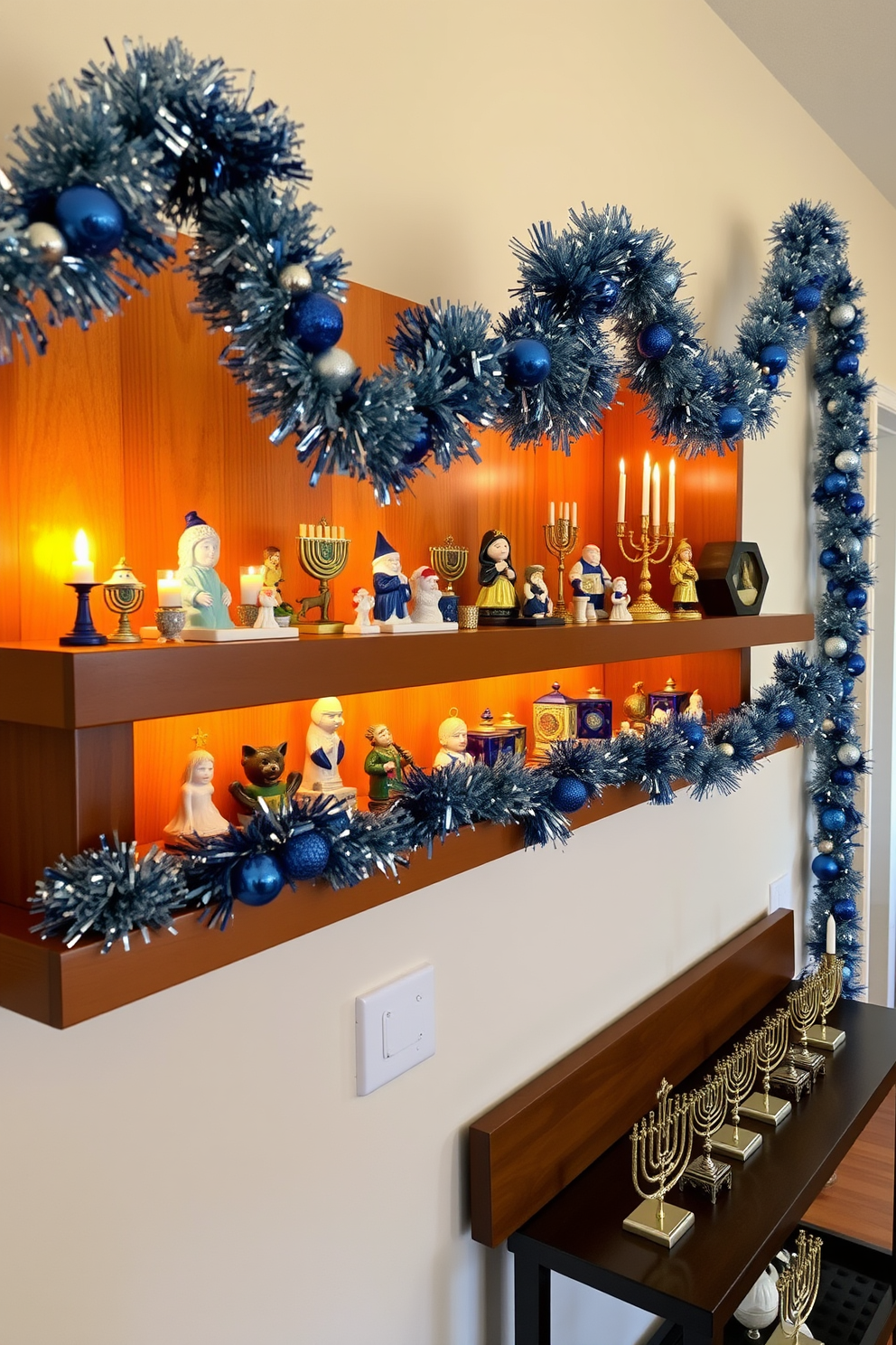 Charming Hanukkah-themed figurines and toys are artfully arranged on a wooden shelf, showcasing a variety of colors and designs that celebrate the festive spirit. Soft, warm lighting illuminates the display, creating a cozy atmosphere that invites guests to admire the collection. In the hallway, decorative garlands made of blue and silver accents hang from the walls, adding a festive touch to the space. A series of small menorahs line the console table, each one uniquely designed, enhancing the holiday theme throughout the home.