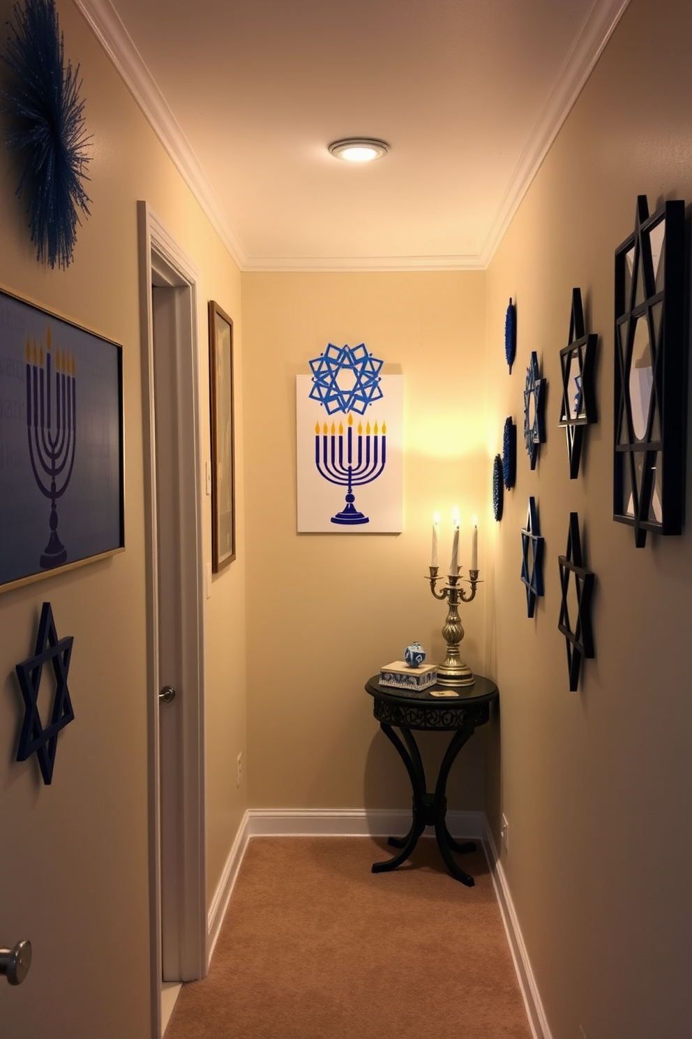 A cozy hallway adorned with Hanukkah-themed wall art and prints. The walls feature vibrant blue and white decorations, including a large menorah print and festive Star of David designs. Soft lighting illuminates the space, creating a warm and inviting atmosphere. A decorative table with a small dreidel and gelt adds a charming touch to the hallway decor.