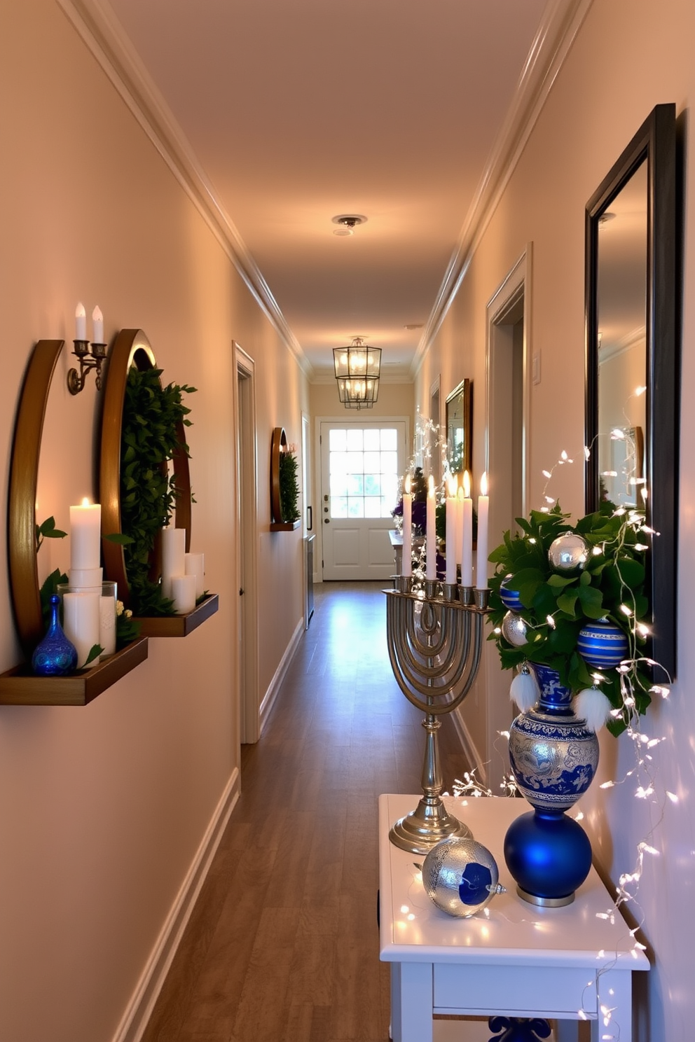 A stylish hallway adorned with decorative trays that hold an assortment of candles and lush greenery. The walls are painted in a soft cream color, and a warm glow emanates from the flickering candlelight, creating an inviting atmosphere. Festive Hanukkah decorations line the hallway, featuring blue and silver accents that complement the overall design. A beautiful menorah sits prominently on a side table, surrounded by elegant ornaments and twinkling fairy lights.