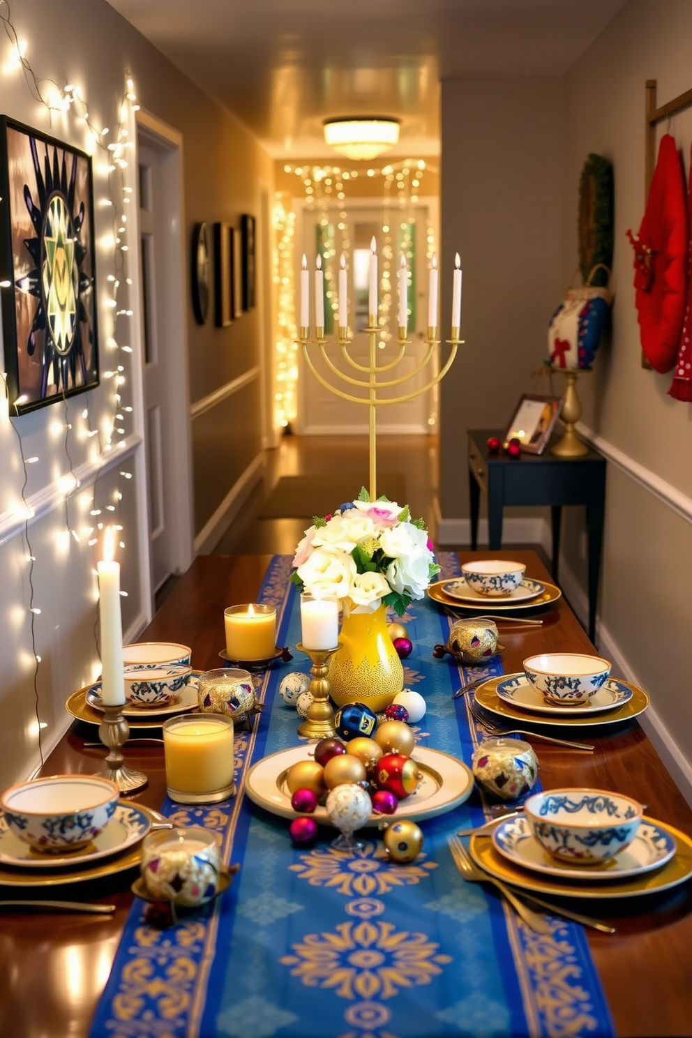 Colorful table setting for hallway table. A vibrant table runner in shades of blue and gold stretches across the table, adorned with an assortment of decorative candles in varying heights. Fresh flowers in a bright vase sit at the center, surrounded by elegant dinnerware featuring intricate patterns. Small, whimsical ornaments related to Hanukkah are artfully placed among the dishes, adding a festive touch. Hallway Hanukkah Decorating Ideas. String lights in a warm white glow are draped along the walls, creating a welcoming ambiance for the holiday season. A large menorah is prominently displayed on a side table, flanked by decorative dreidels and colorful gelt. Wall art featuring traditional Hanukkah symbols enhances the festive spirit throughout the hallway.